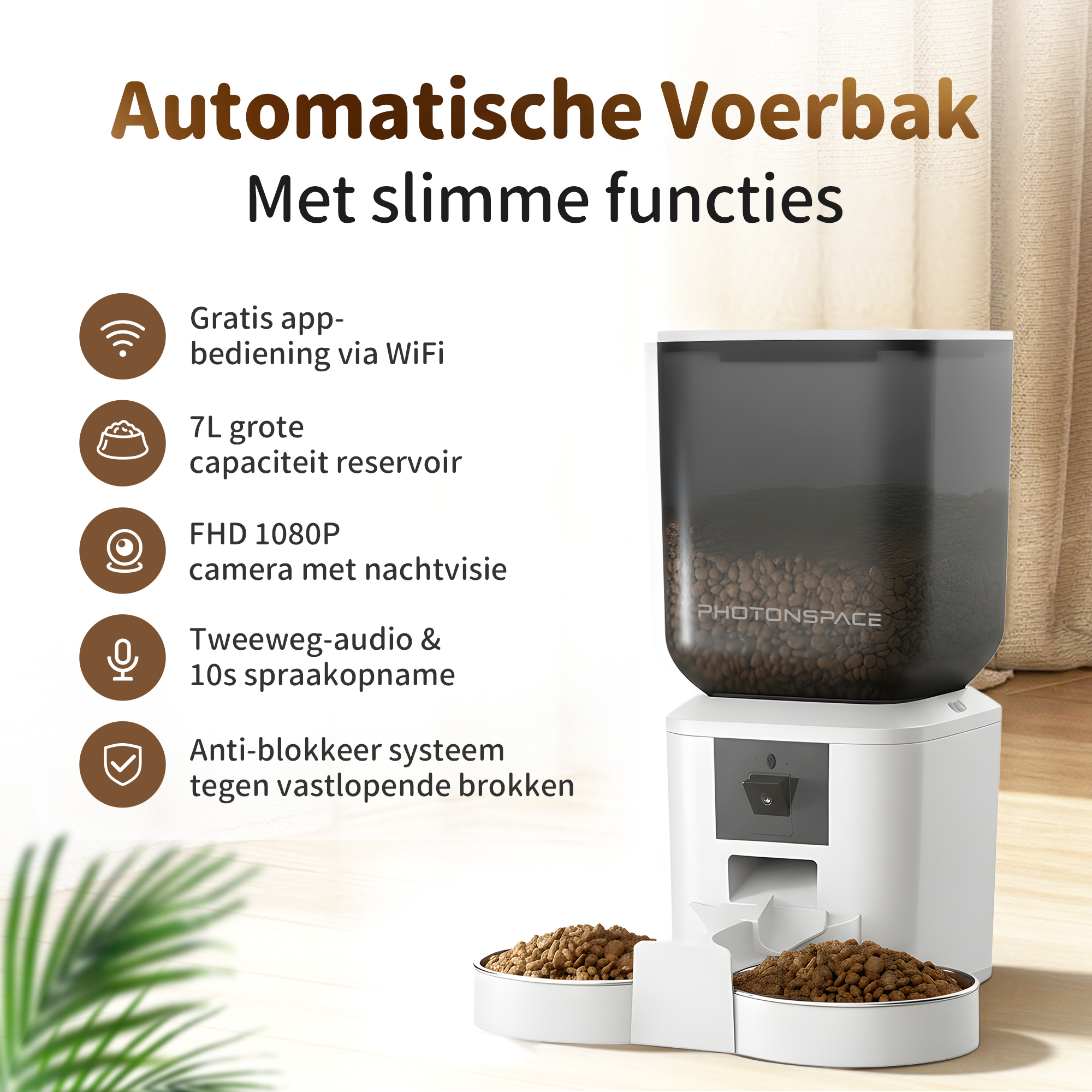 A white automatic pet feeder with a transparent container full of food.