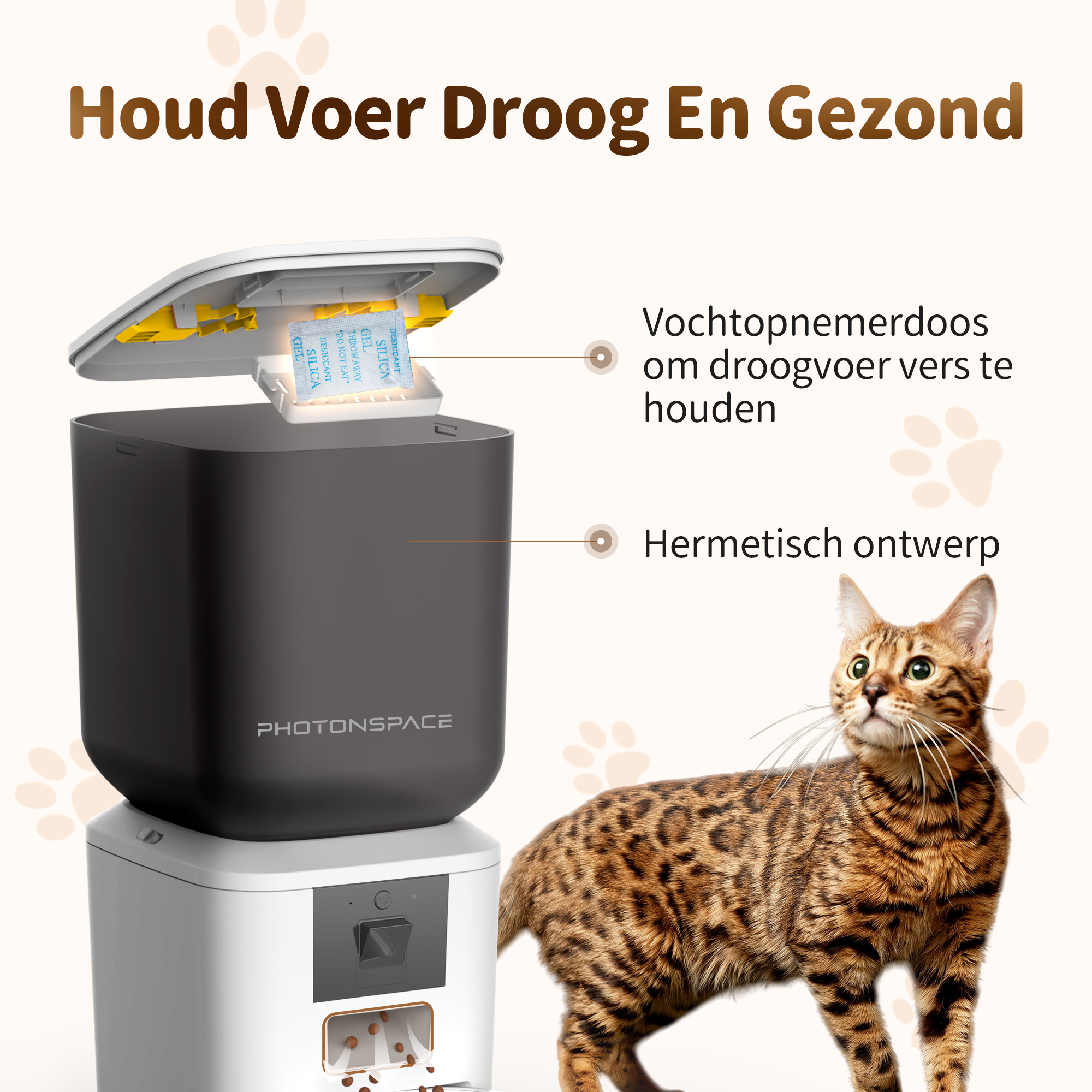 A food dispenser with a Bengal cat design and silica gel packets to keep food dry.