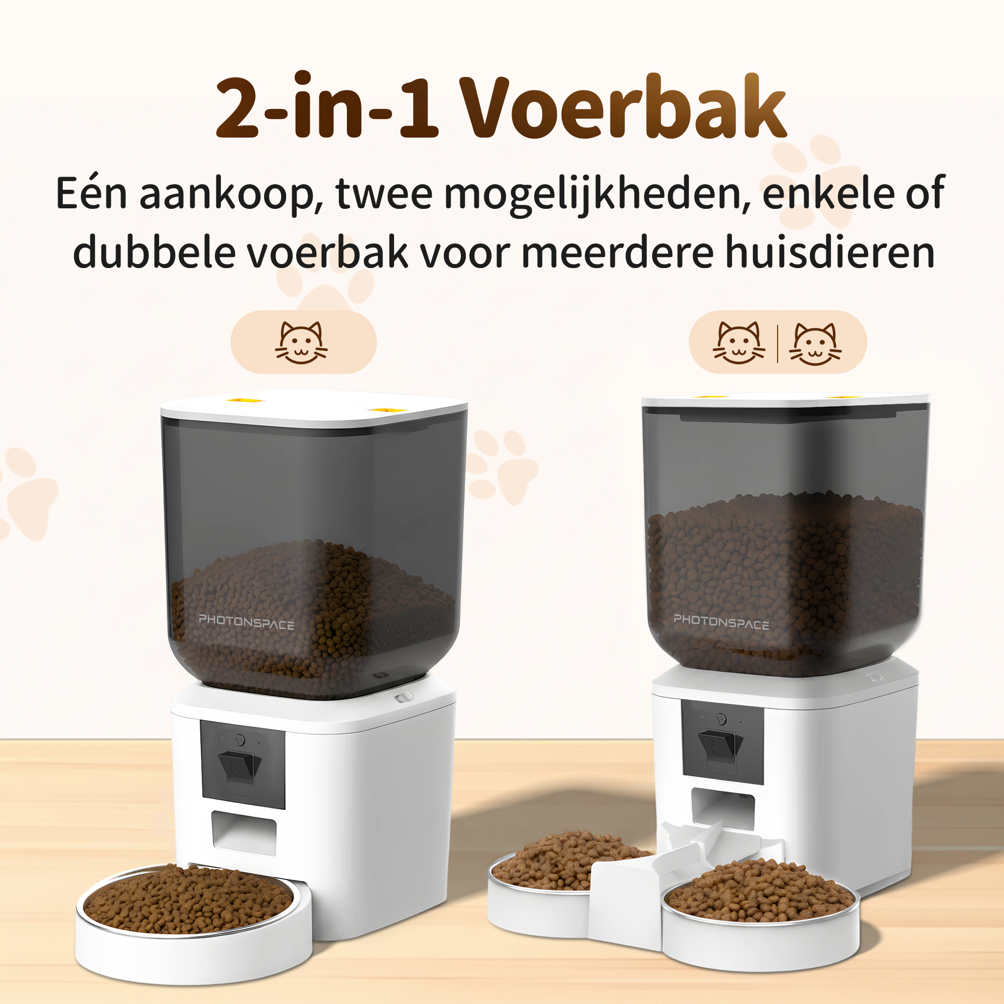 Two white automatic pet feeders with clear bins filled with kibble.