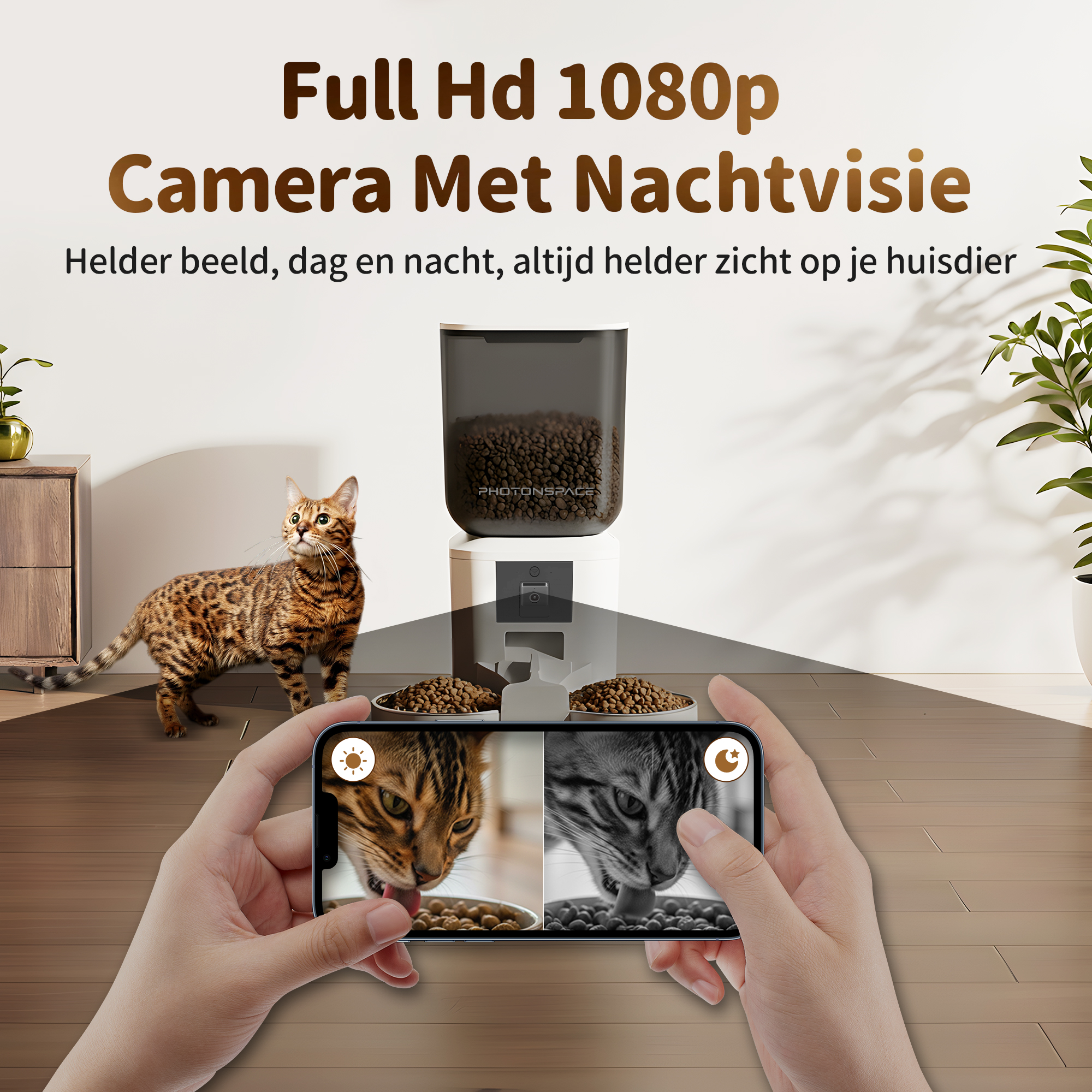 A Bengal cat feeder with camera shows two views of a cat eating from bowls.