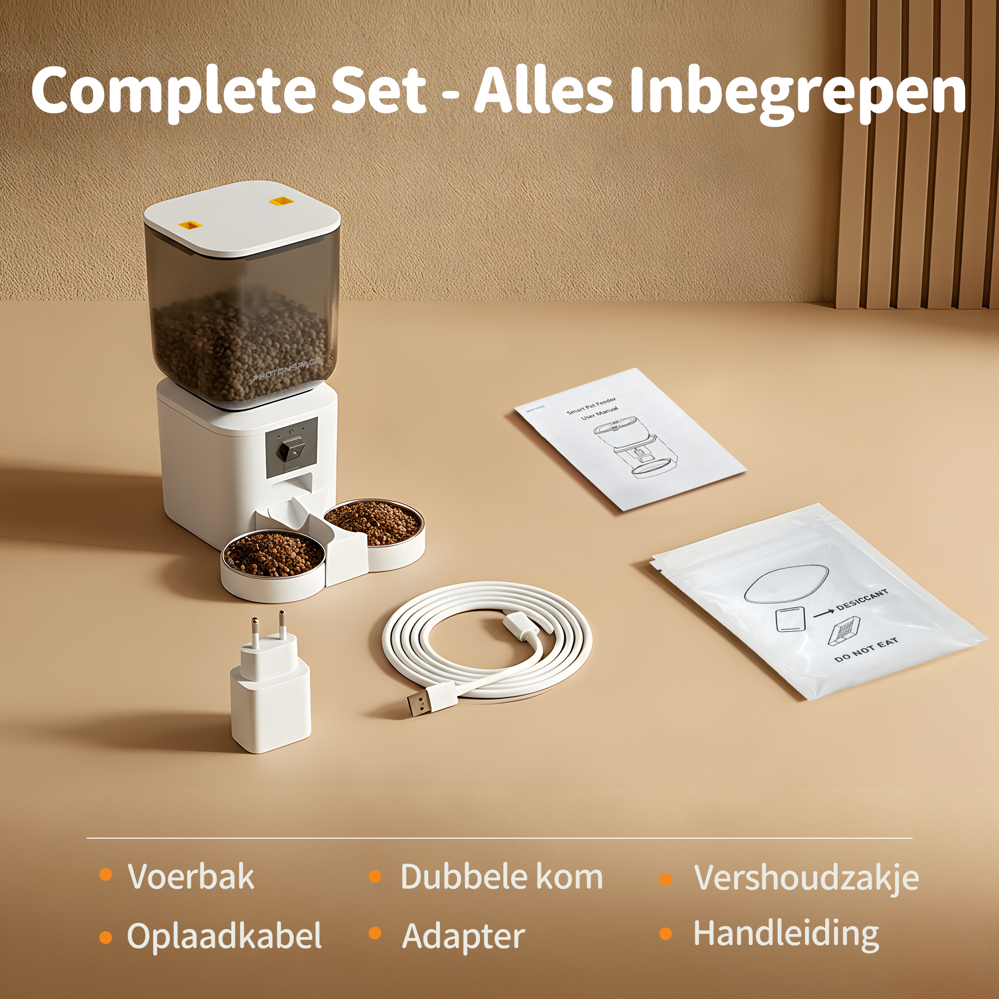Automatic pet feeder set with bowls, cable, adapter, desiccant bag, and manual.