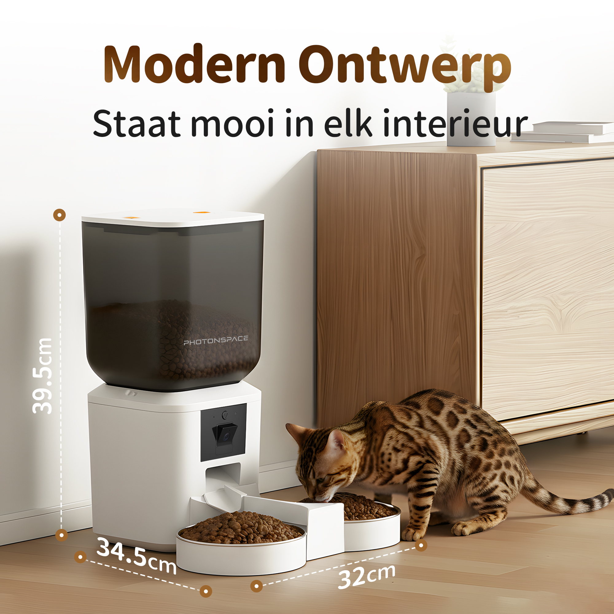 A Bengal cat eats from a white automatic pet feeder. Dimensions are shown.