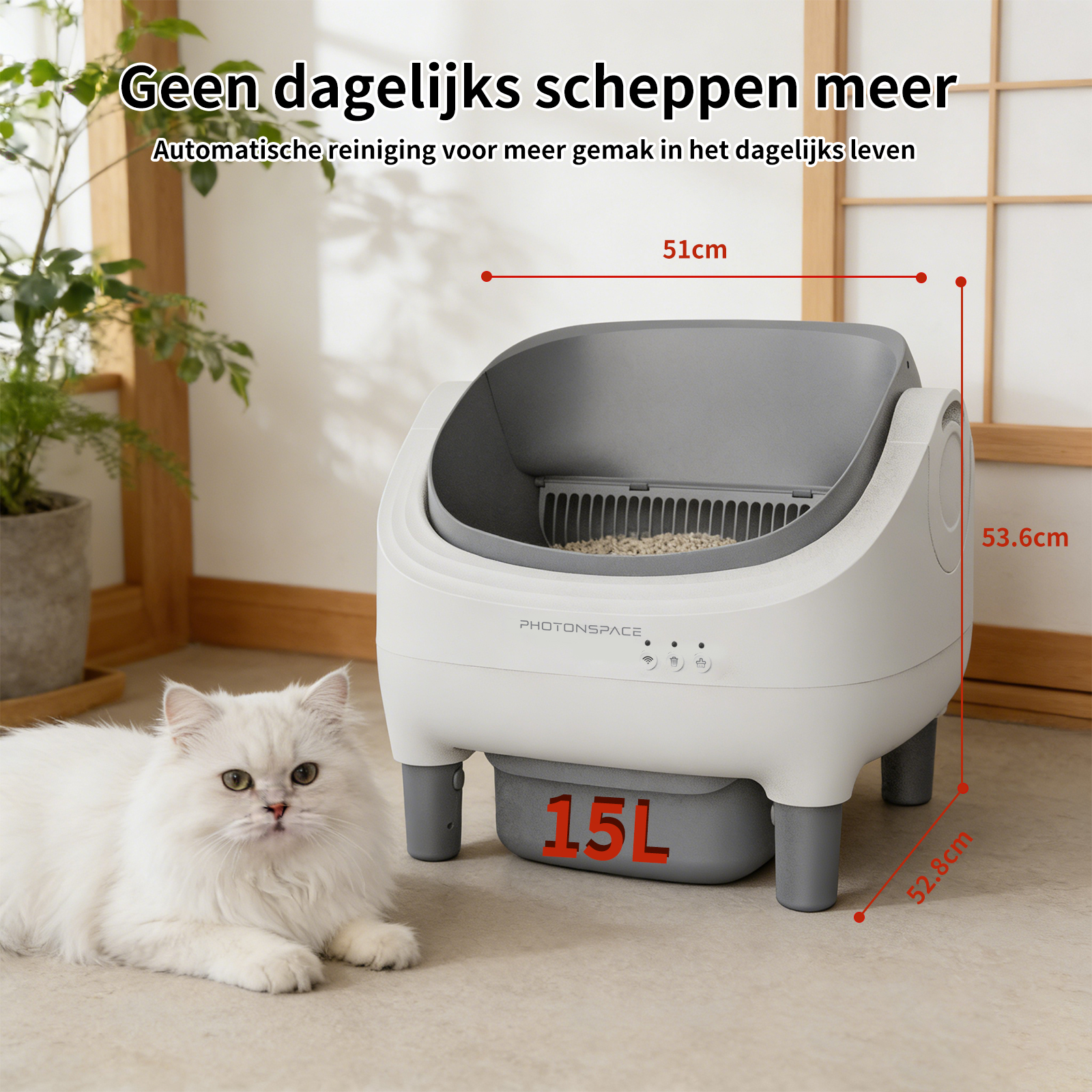 Een witte kat ligt naast een 15L automatische kattenbak.