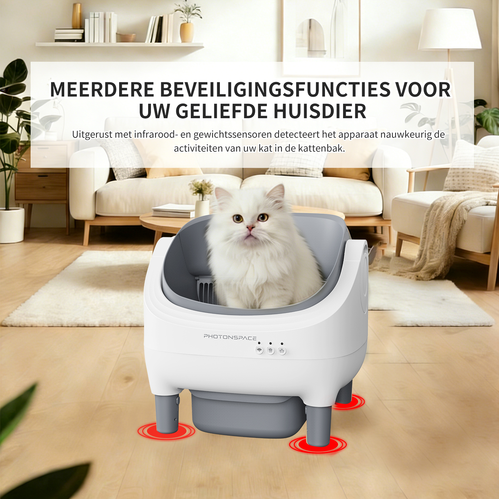 Een witte kat zit in een moderne, witte en grijze kattenbak in een woonkamer.