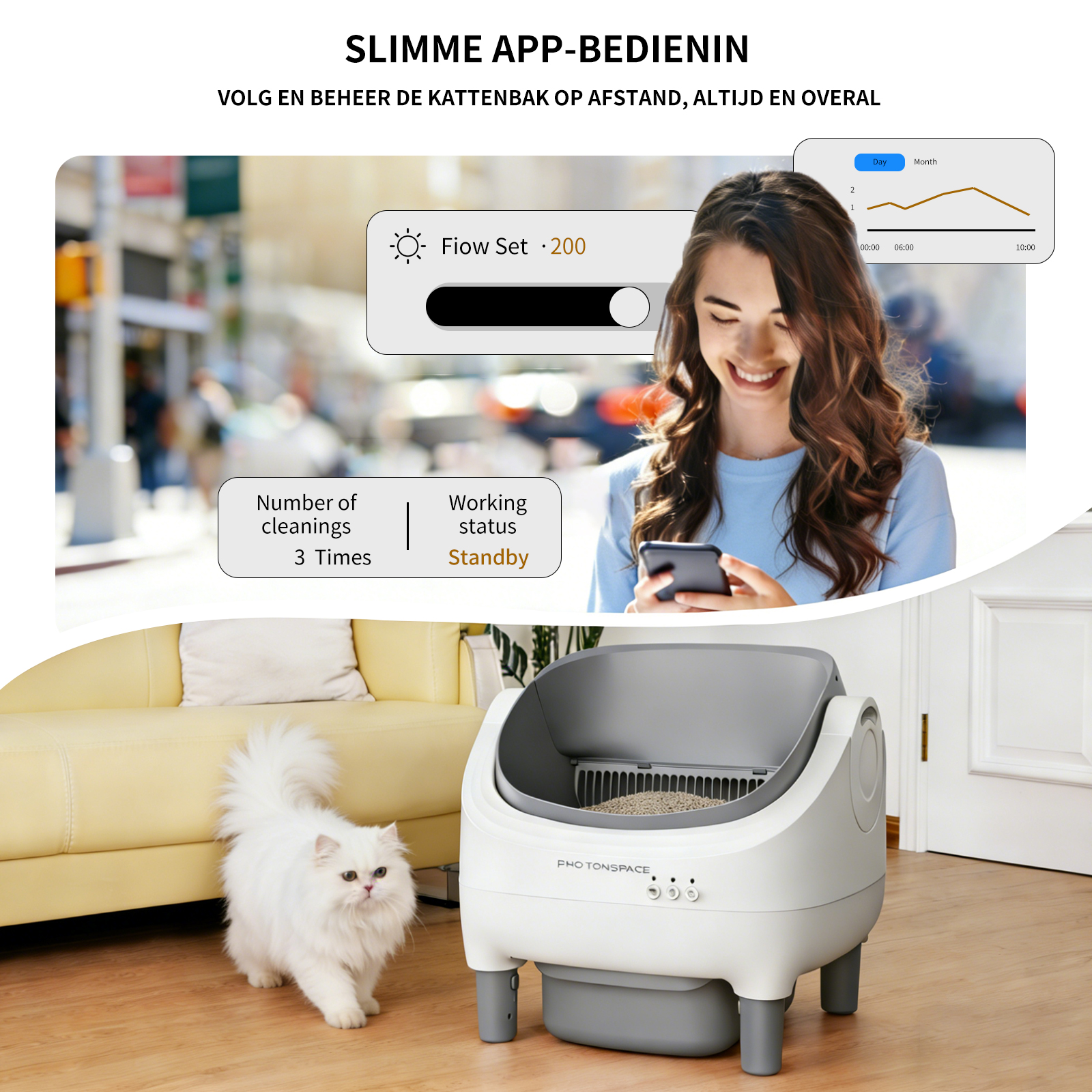 Vrouw gebruikt smartphone om app te bedienen die verbonden is met kattenbak.