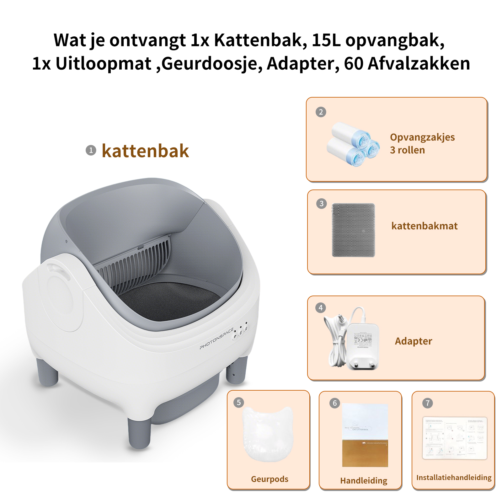 Wit en grijs automatisch kattenbak met accessoires: mat, adapter, zakken, pods, handleiding.