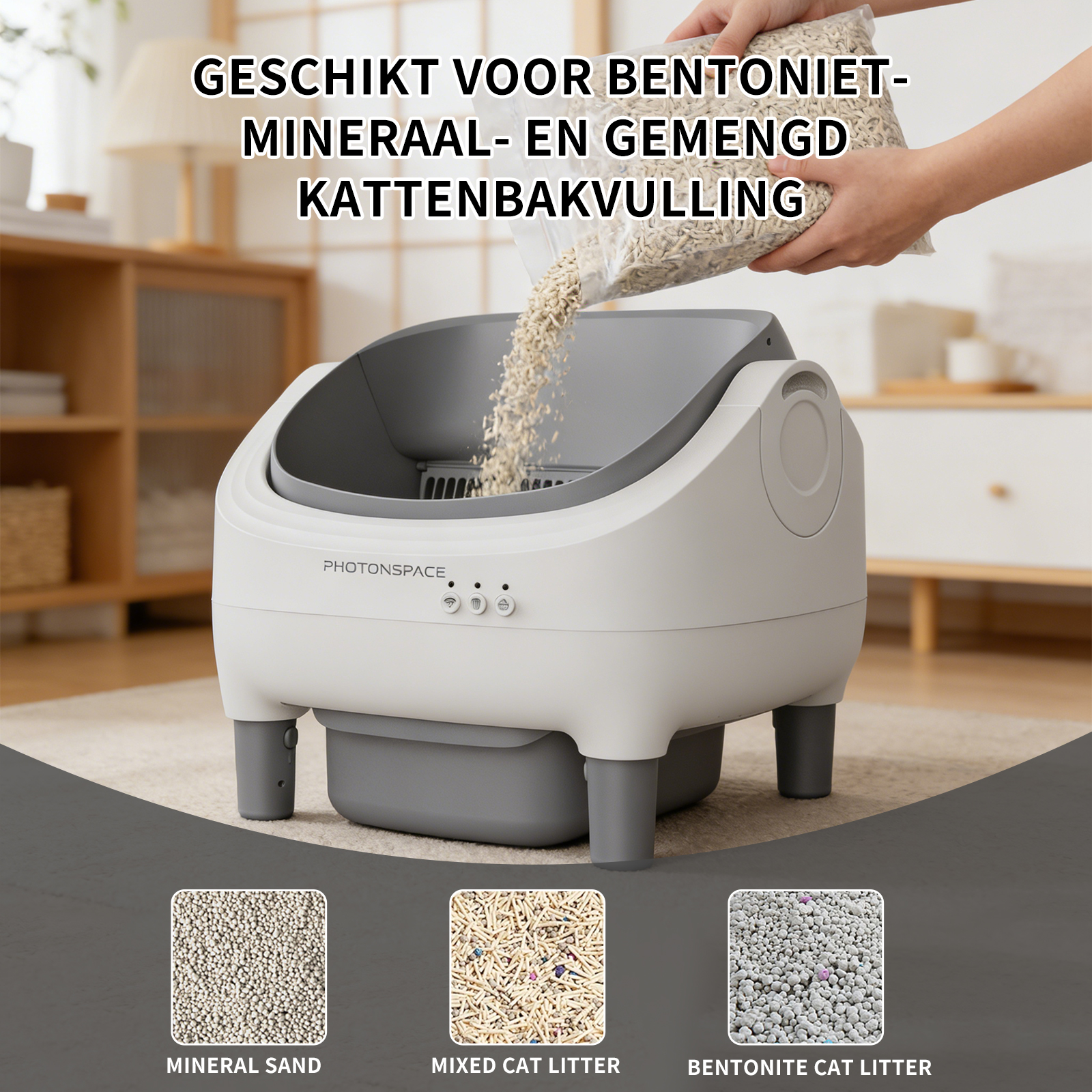 Een persoon giet kattenbakvulling in een wit en grijs kattenbak.