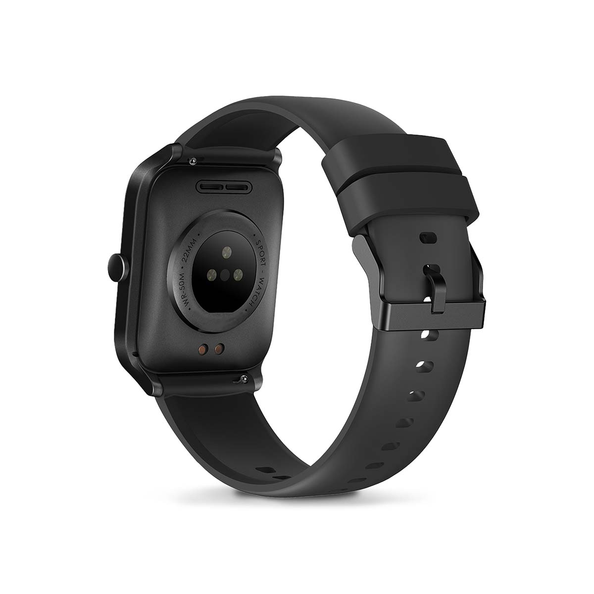 Black smartwatch with heart rate sensor and black strap.