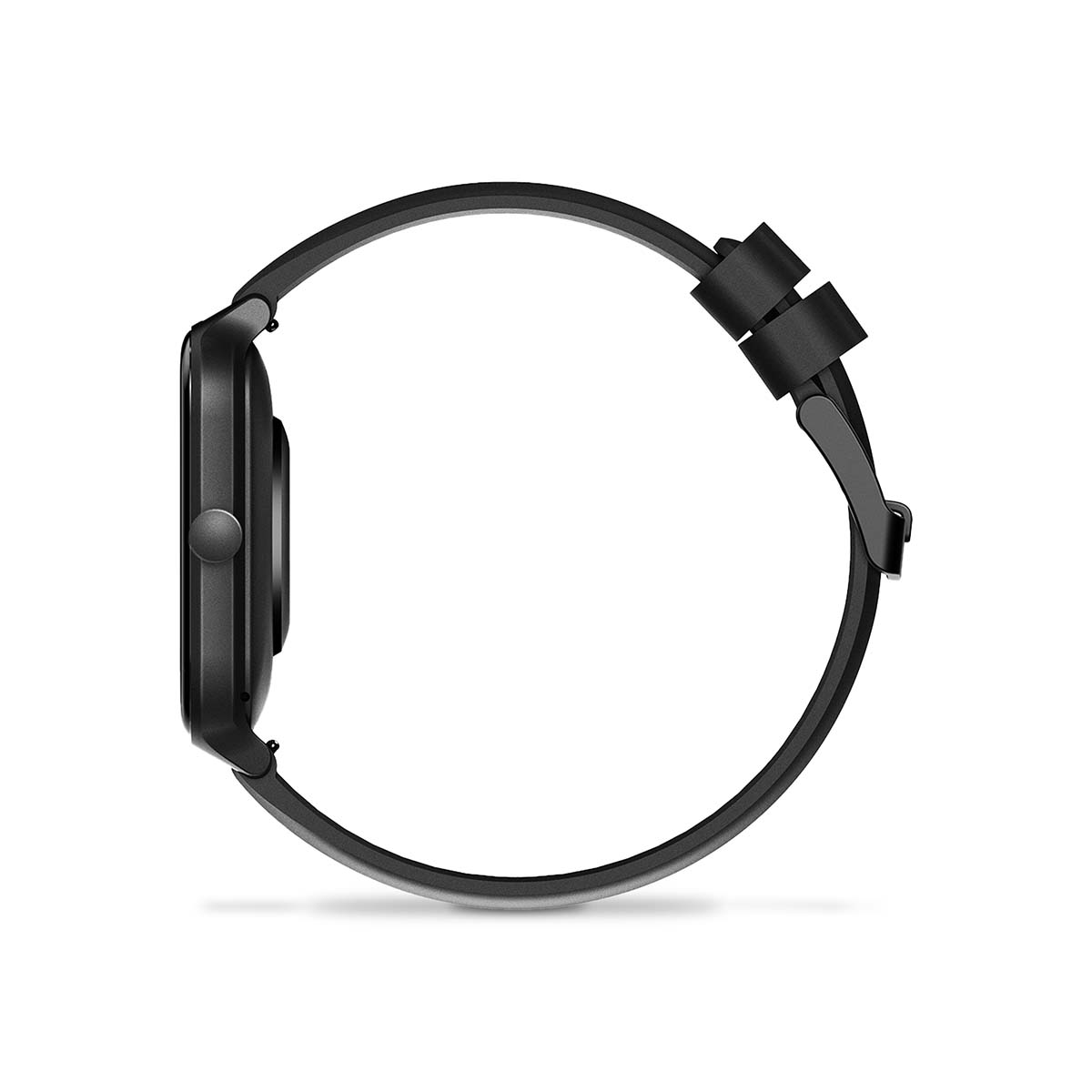 Black smartwatch with strap and buckle, shown in profile.