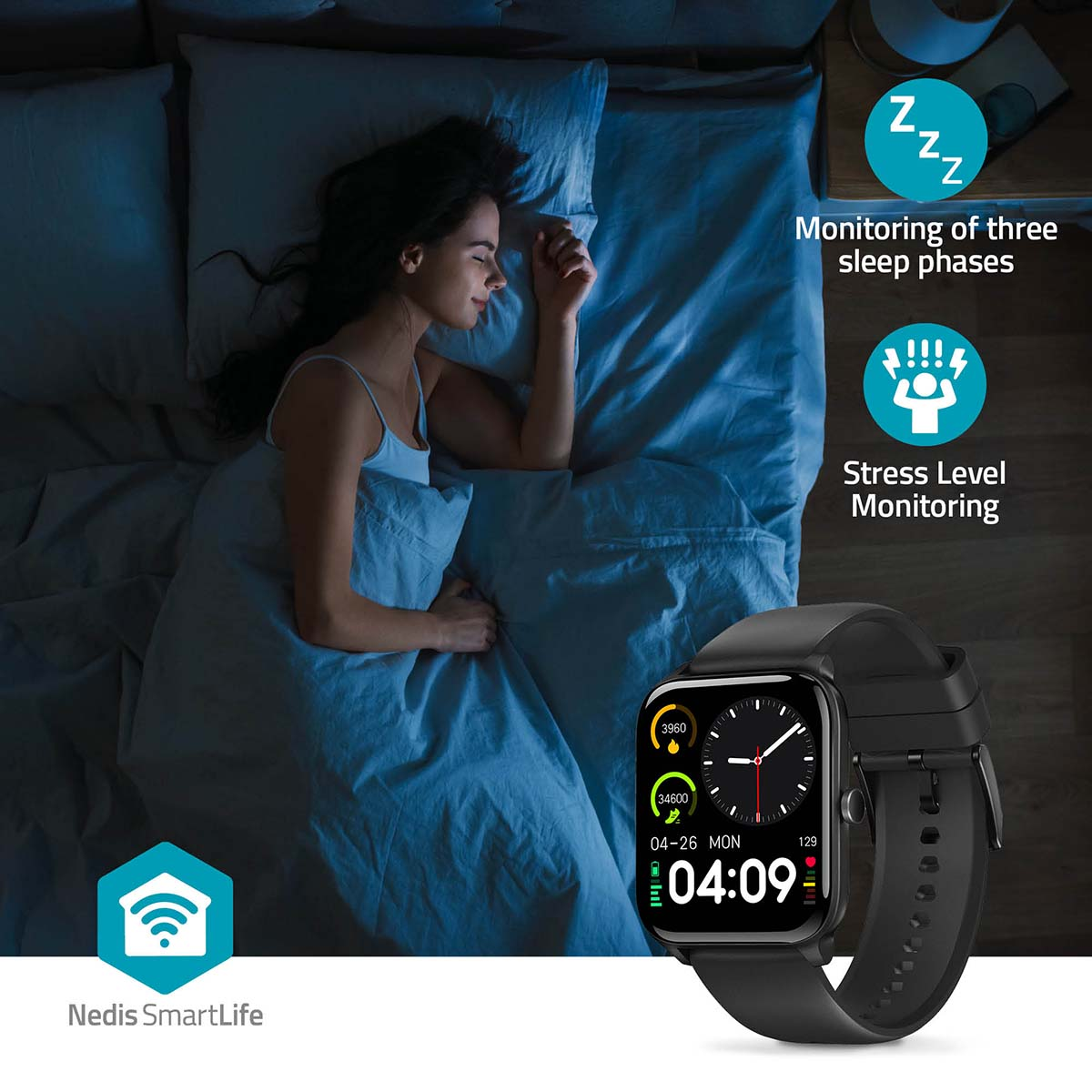 Woman sleeping, smart watch showing sleep and stress monitoring.