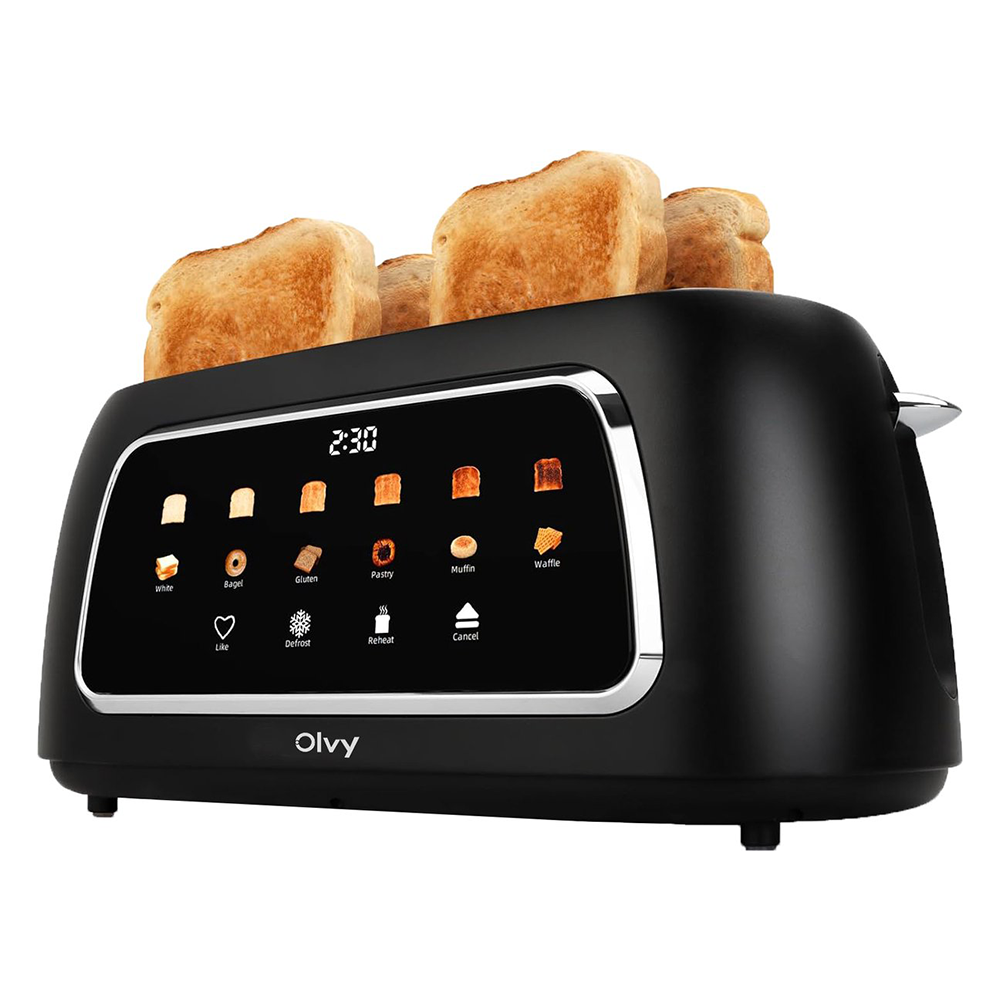 Zwarte Olvy broodrooster met vier sneetjes goudbruin toast en digitaal display.