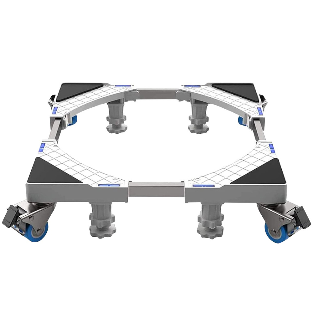 Een verstelbare appliance dolly met blauwe wielen en grijze poten.