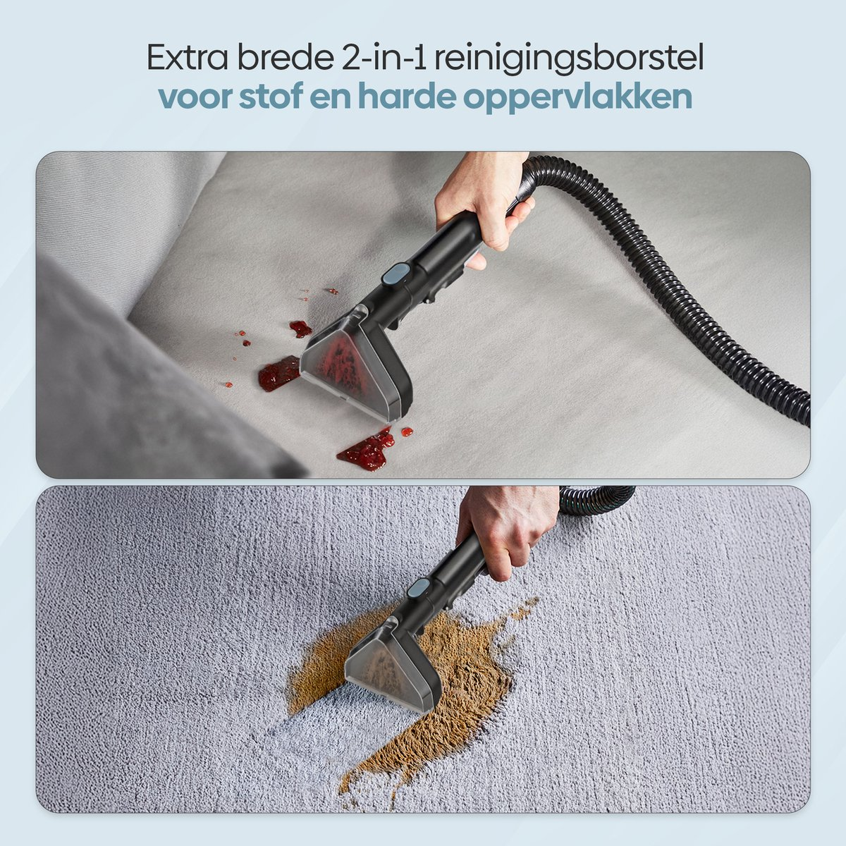 Een handstofzuiger reinigt vlekken van bank en tapijt.