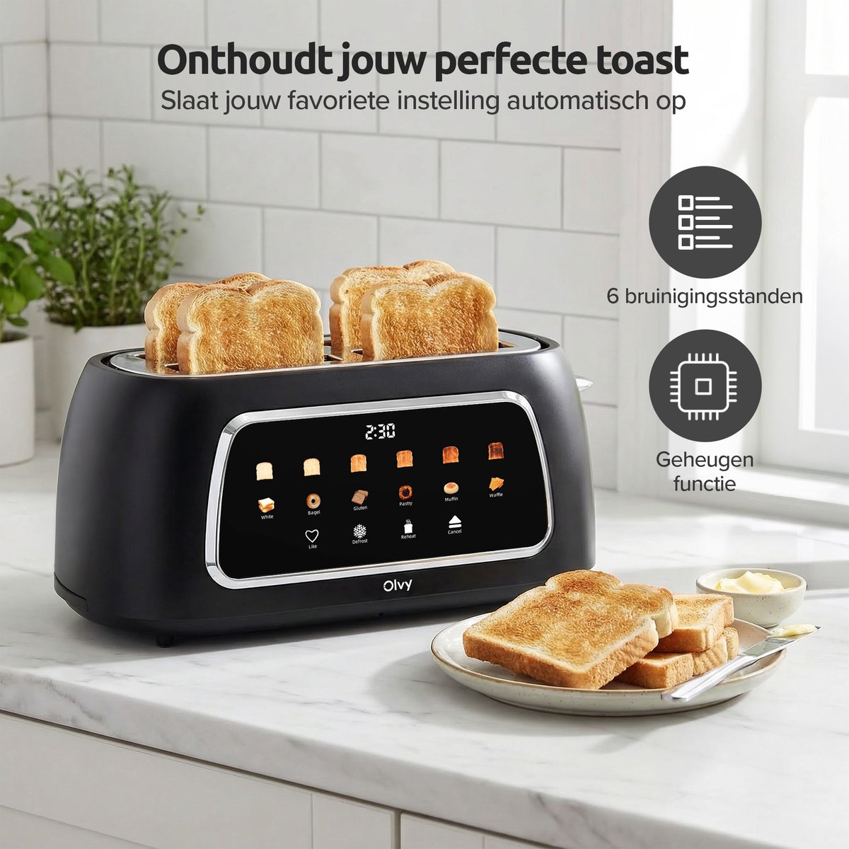 Een zwarte broodrooster met toast en bedieningselementen op een marmeren aanrecht.