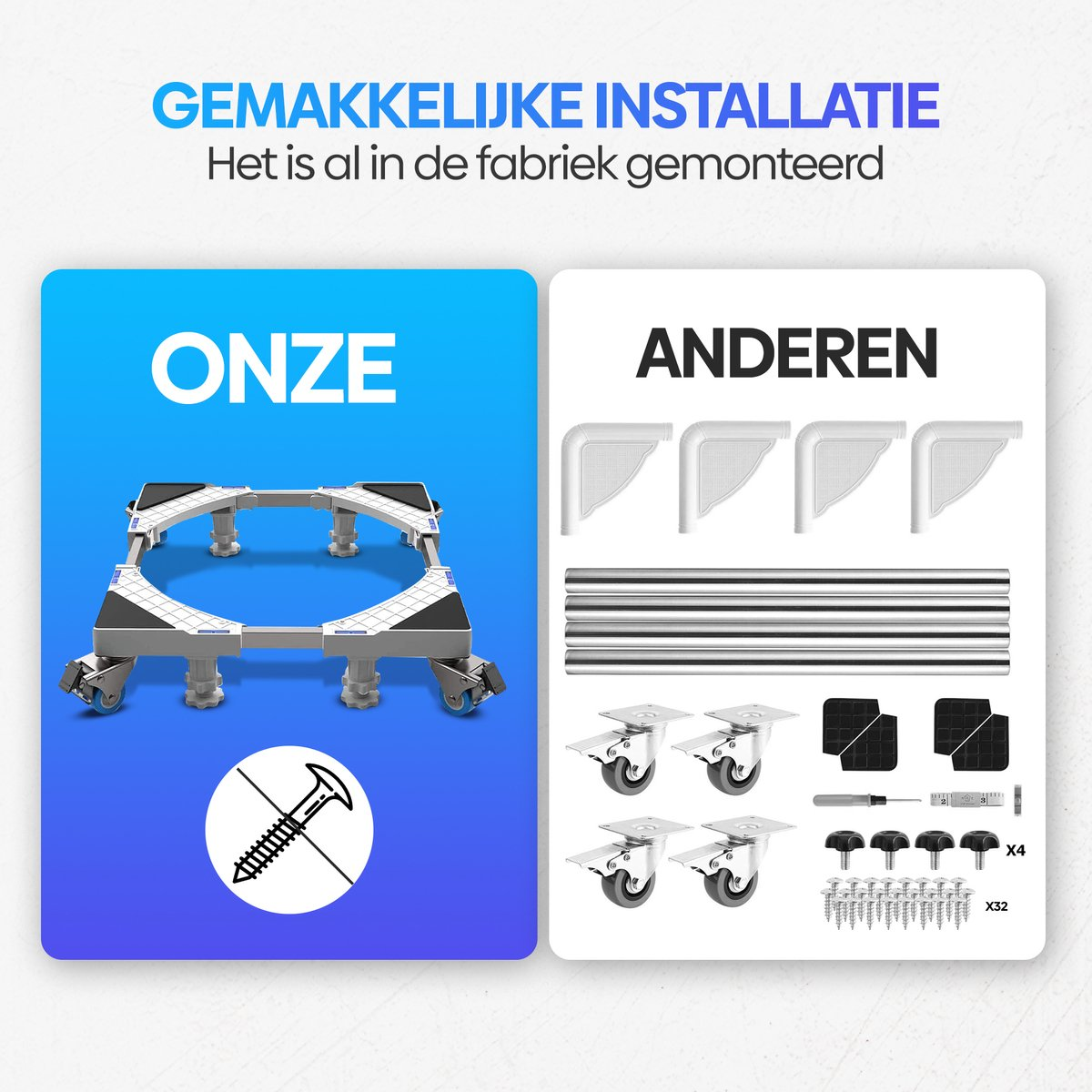 Verstelbare basis met wielen en montagedelen.