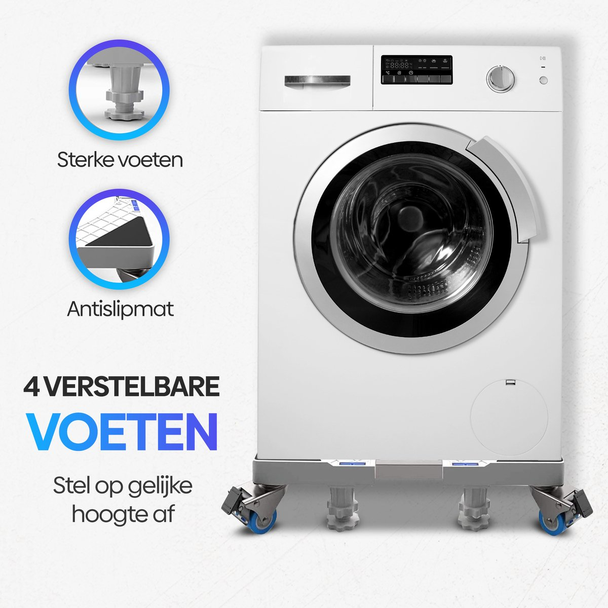 Wasmachine op verstelbare sokkel met wielen en antislipmat.