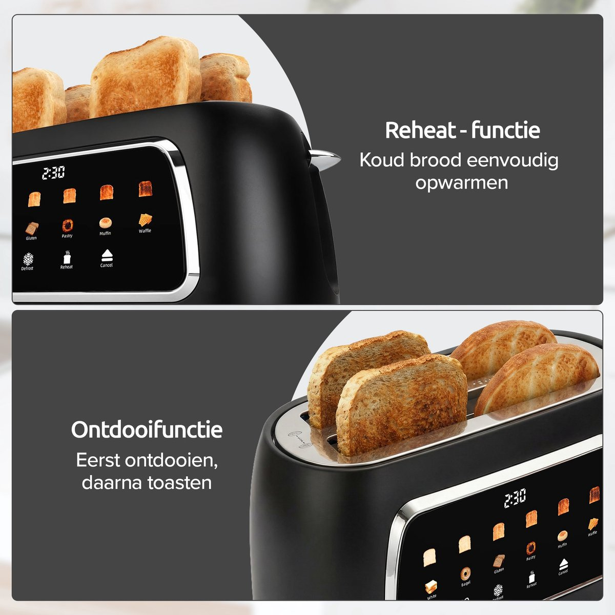 Een zwarte broodrooster met toast en een touchscreen bedieningspaneel.