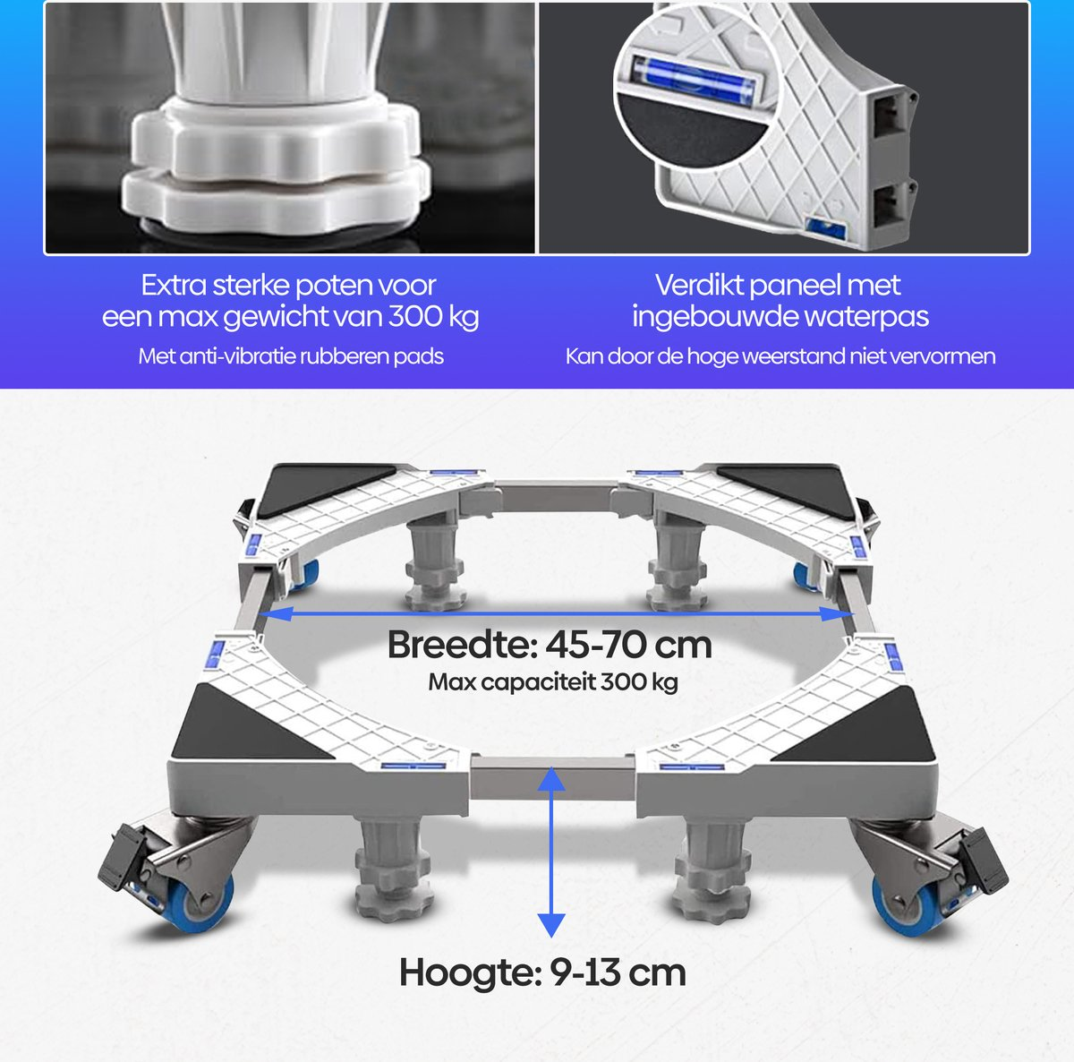 Verstelbare appliance roller base, breedte 45-70 cm, max 300 kg.