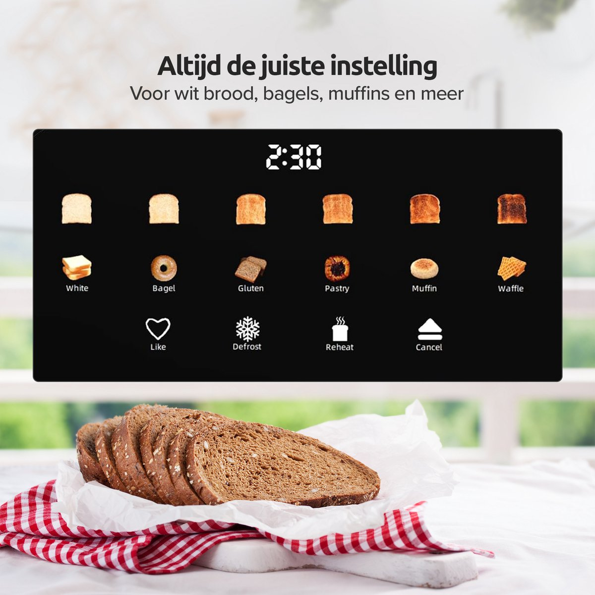 Een broodroosterdisplay met instellingen voor brood, bagel, wafel en muffin.
