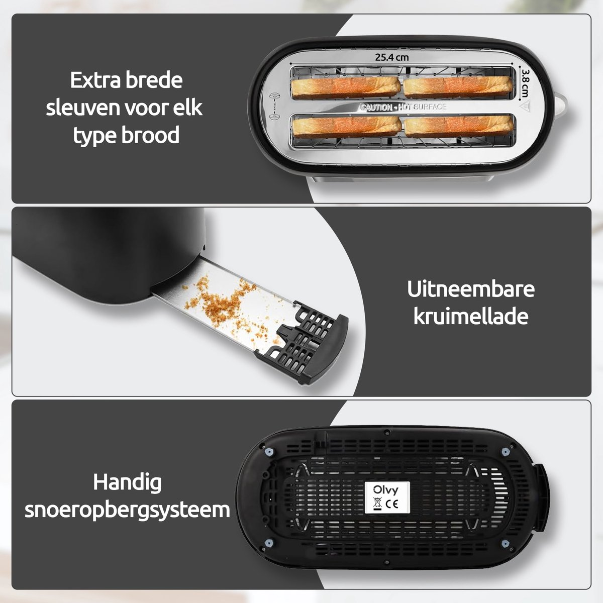 Een broodrooster met brede sleuven, kruimellade en snoeropbergsysteem.