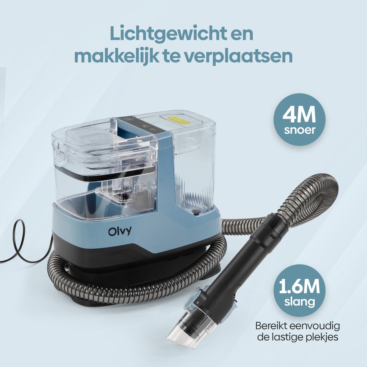 Lichtgewicht, draagbare reiniger met 4M snoer en 1.6M slang.