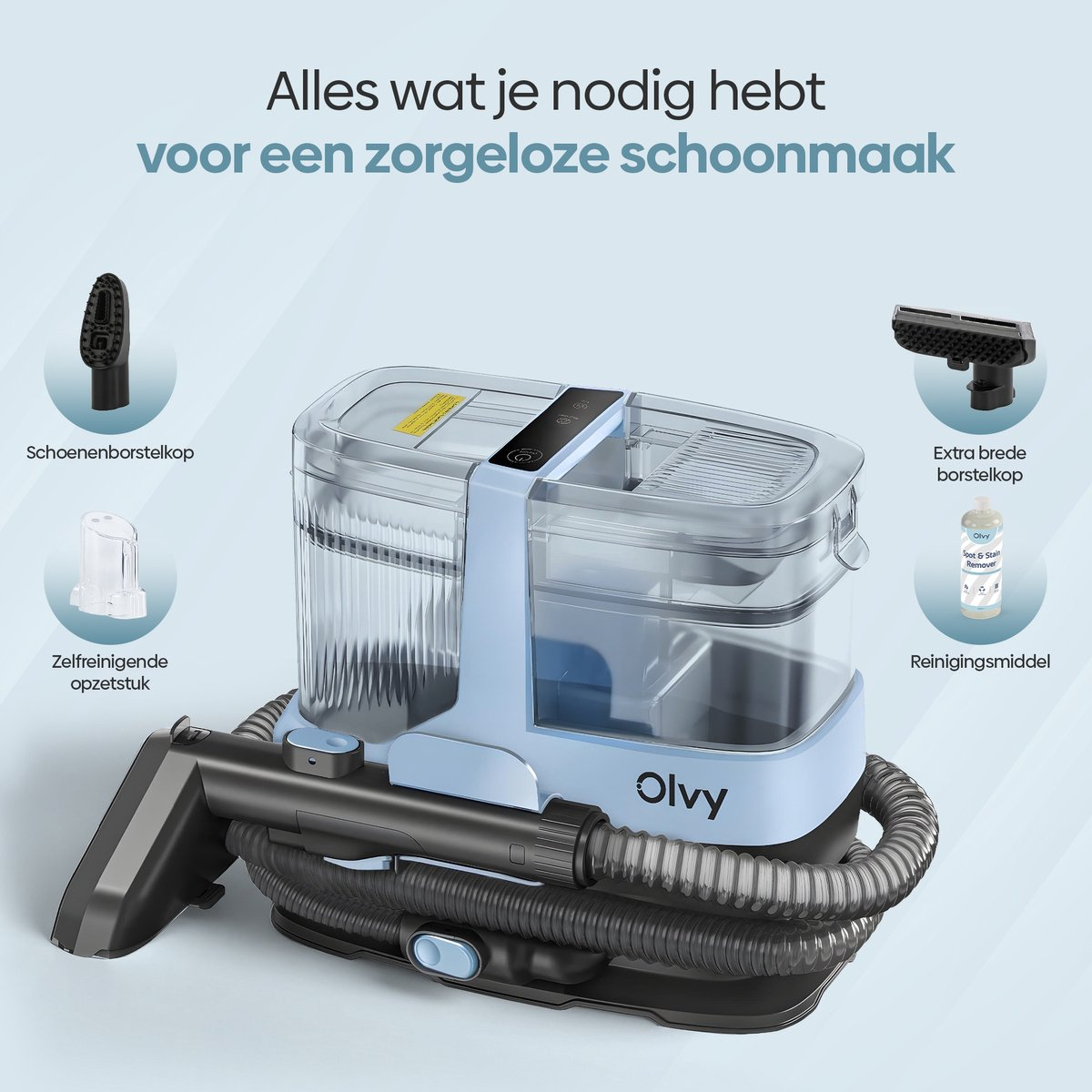 Een lichtblauwe tapijtreiniger met accessoires: borstelkoppen, opzetstuk, reiniger.