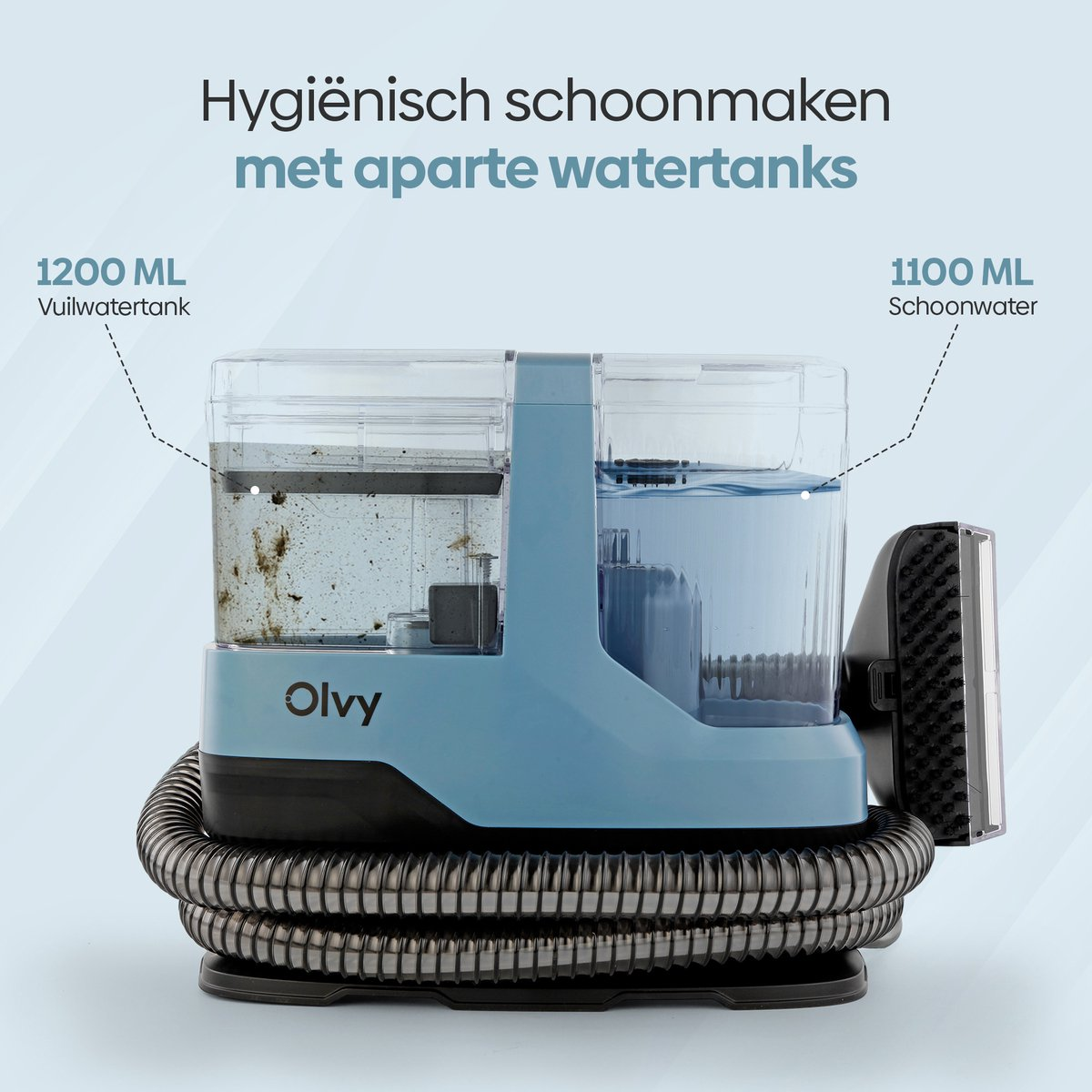 Een blauw schoonmaakapparaat met twee tanks: vuil en schoon water.