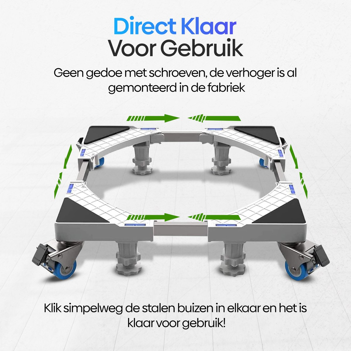 Een voorgemonteerd onderstel met wielen, klaar voor gebruik.
