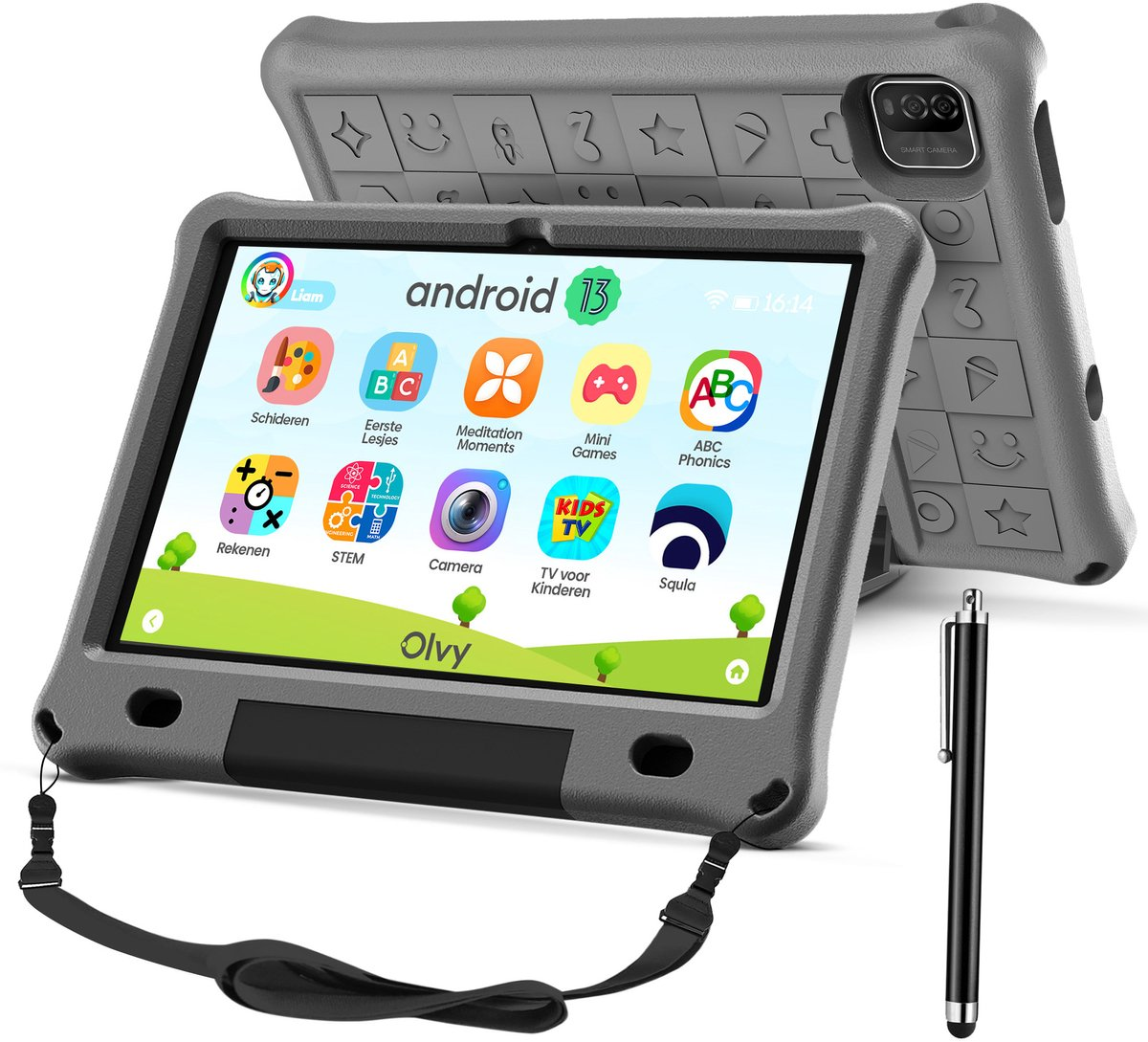Een grijze tablet met apps zoals schilderen, ABC en spelletjes. Een stylus ligt ernaast.