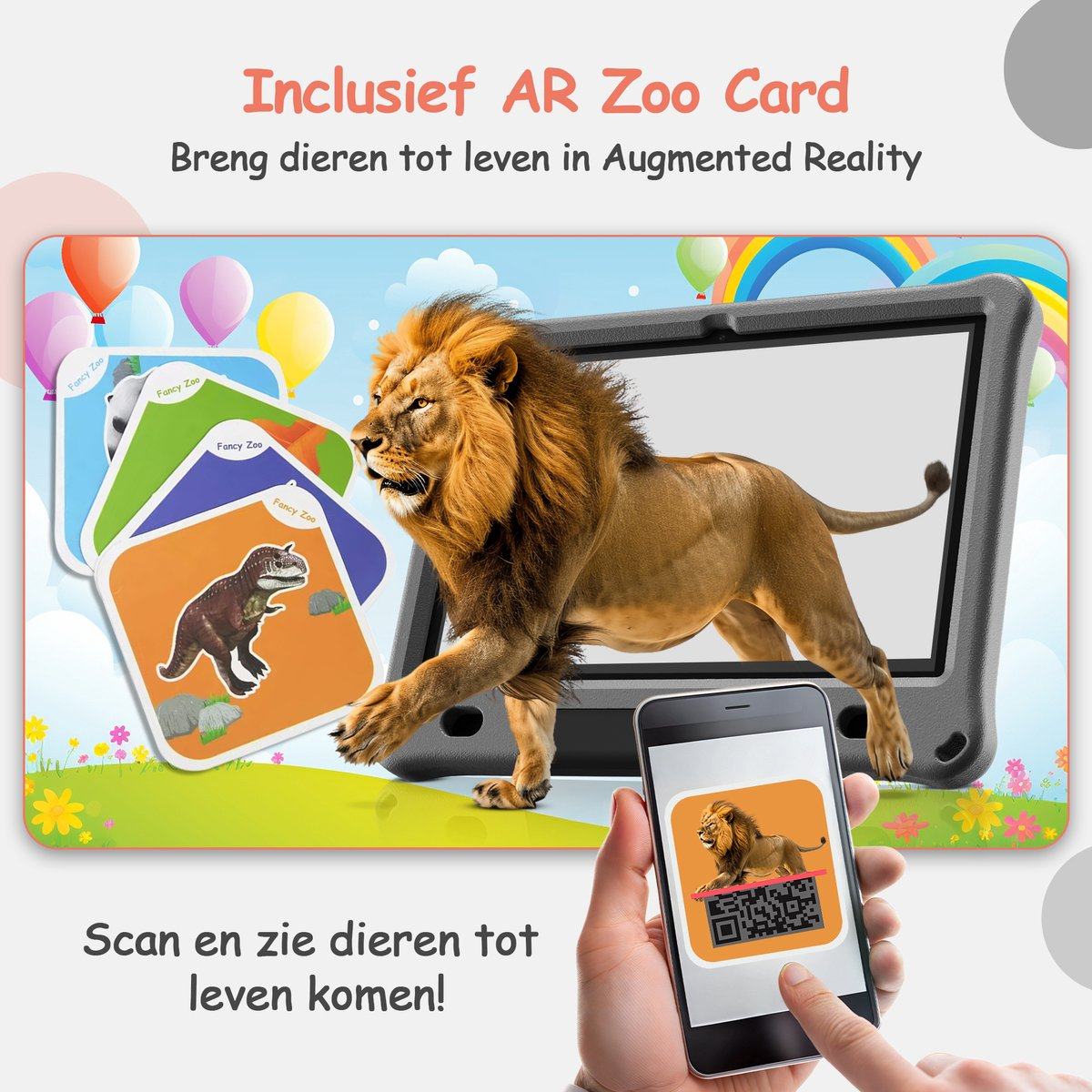Een leeuw komt uit een tablet, met dierenkaarten en een telefoon in de buurt.