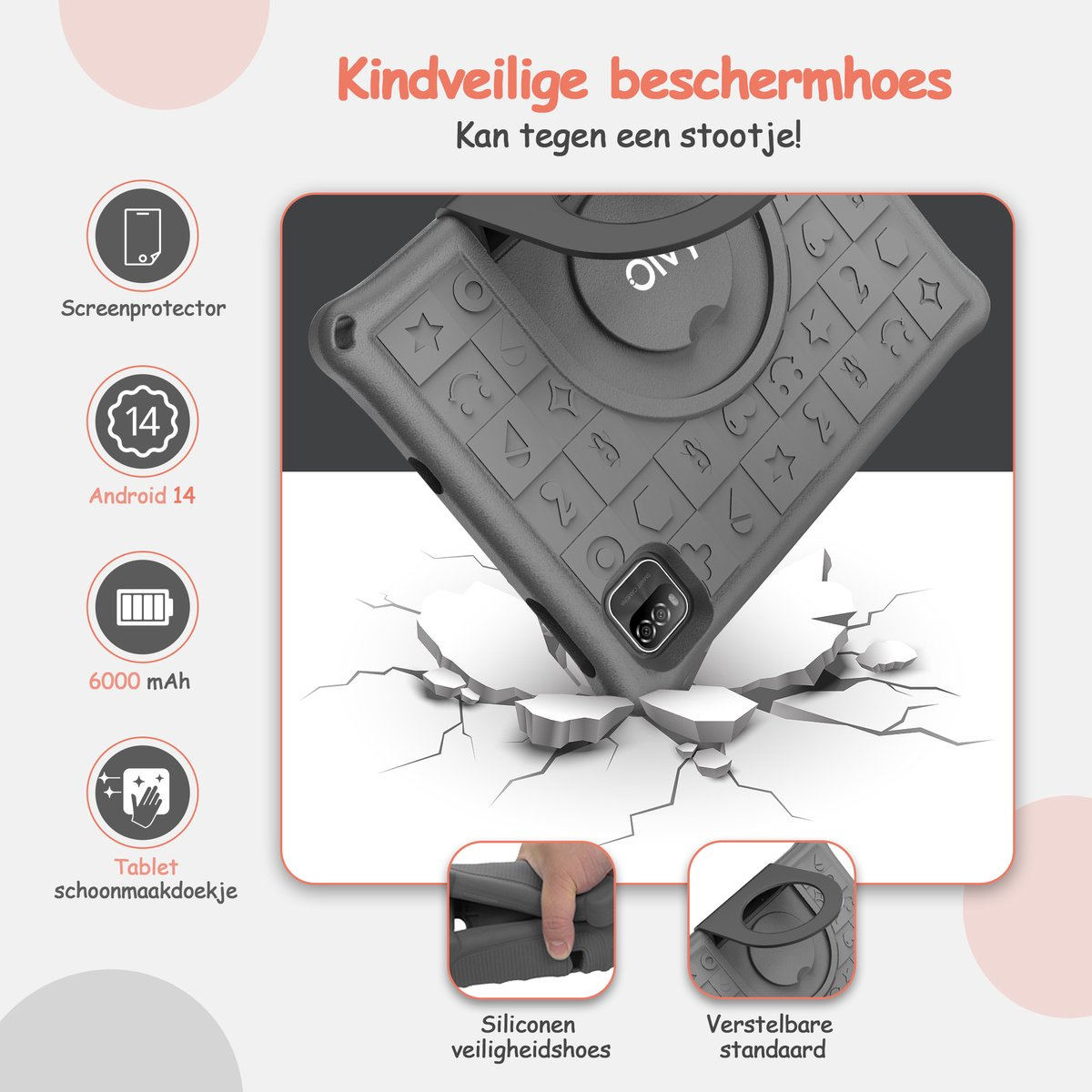 Grijze tablethoes met valbestendig ontwerp, Android 14, 6000mAh, incl. screenprotector.