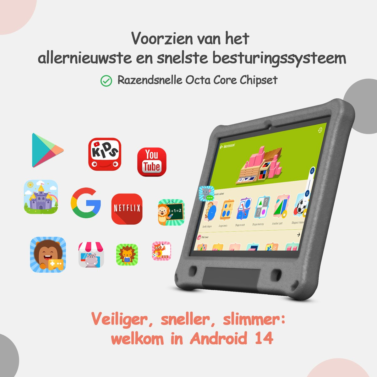 Een tablet met diverse apps zoals YouTube, Google, Netflix en games.