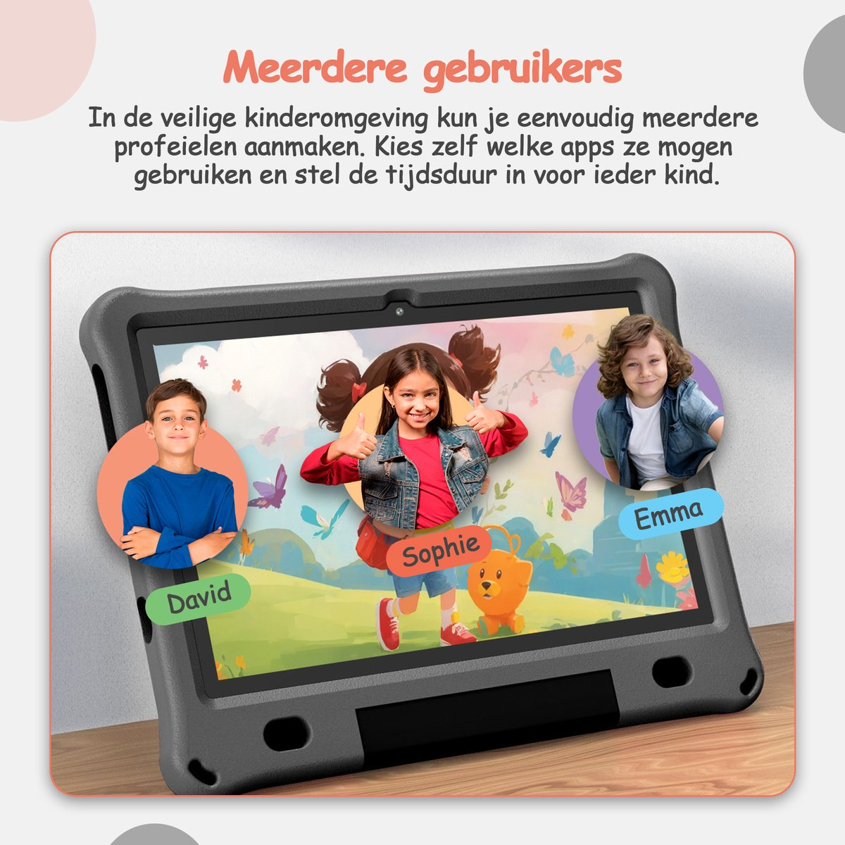Een tablet toont drie kinderen: David, Sophie en Emma. Meerdere gebruikers zijn mogelijk.