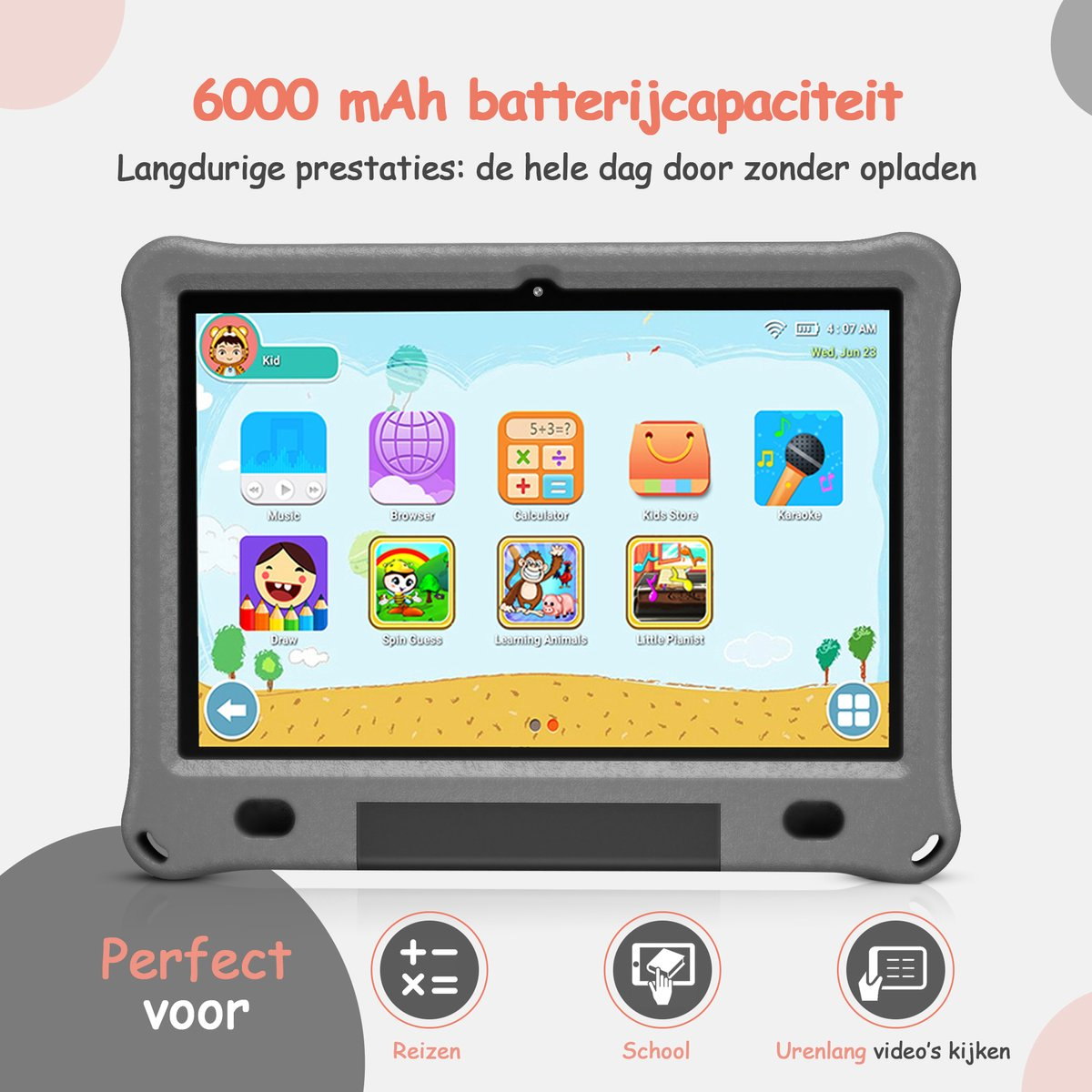 Een grijze tablet met kinderapps zoals Muziek, Browser, Rekenmachine, Karaoke.