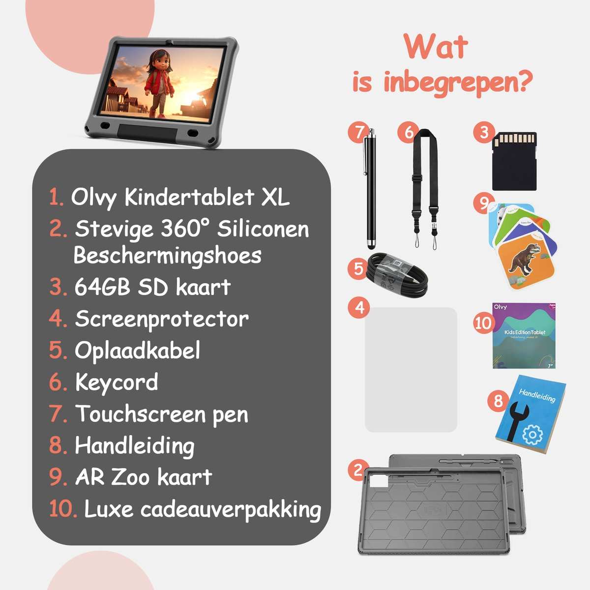 Illustratie van kinder-tablet accessoires: hoes, pen, kabel, SD-kaart, screenprotector, koord.