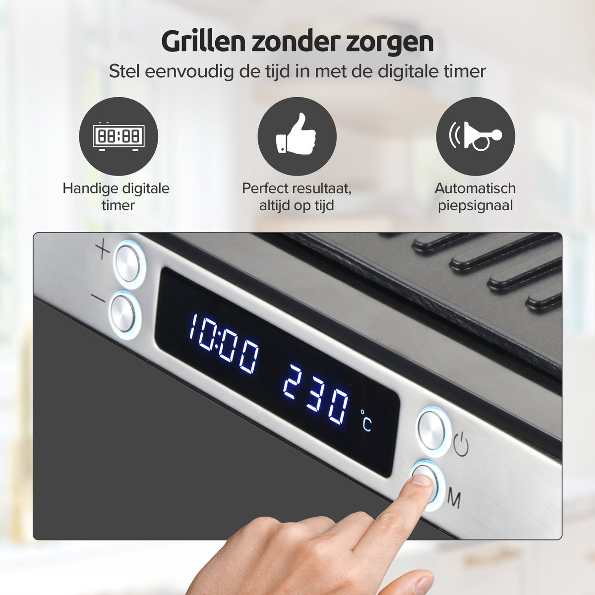 Un dito preme un pulsante su una griglia con display digitale che mostra ora e temperatura.