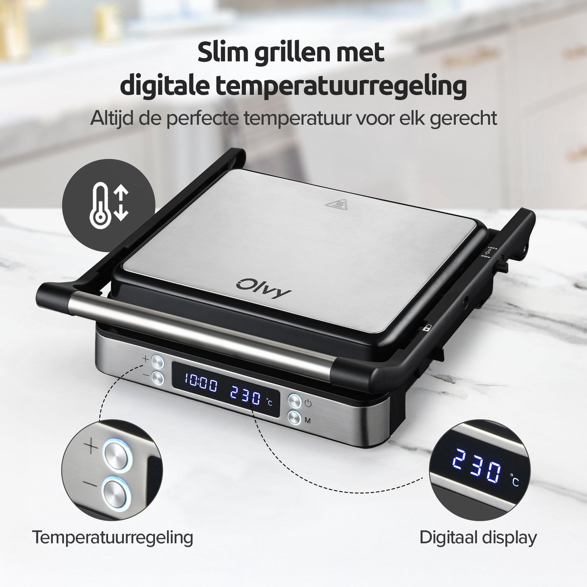 Grill elettrico con controllo digitale della temperatura e display. Icona in alto a sx.