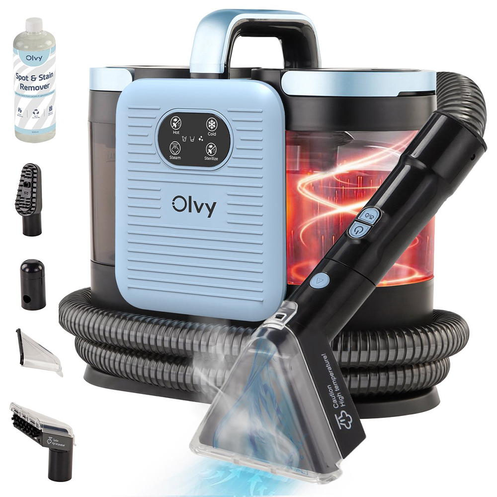 Een blauw-zwarte Olvy vlekkenreiniger met opzetstukken en fles vlekverwijderaar.