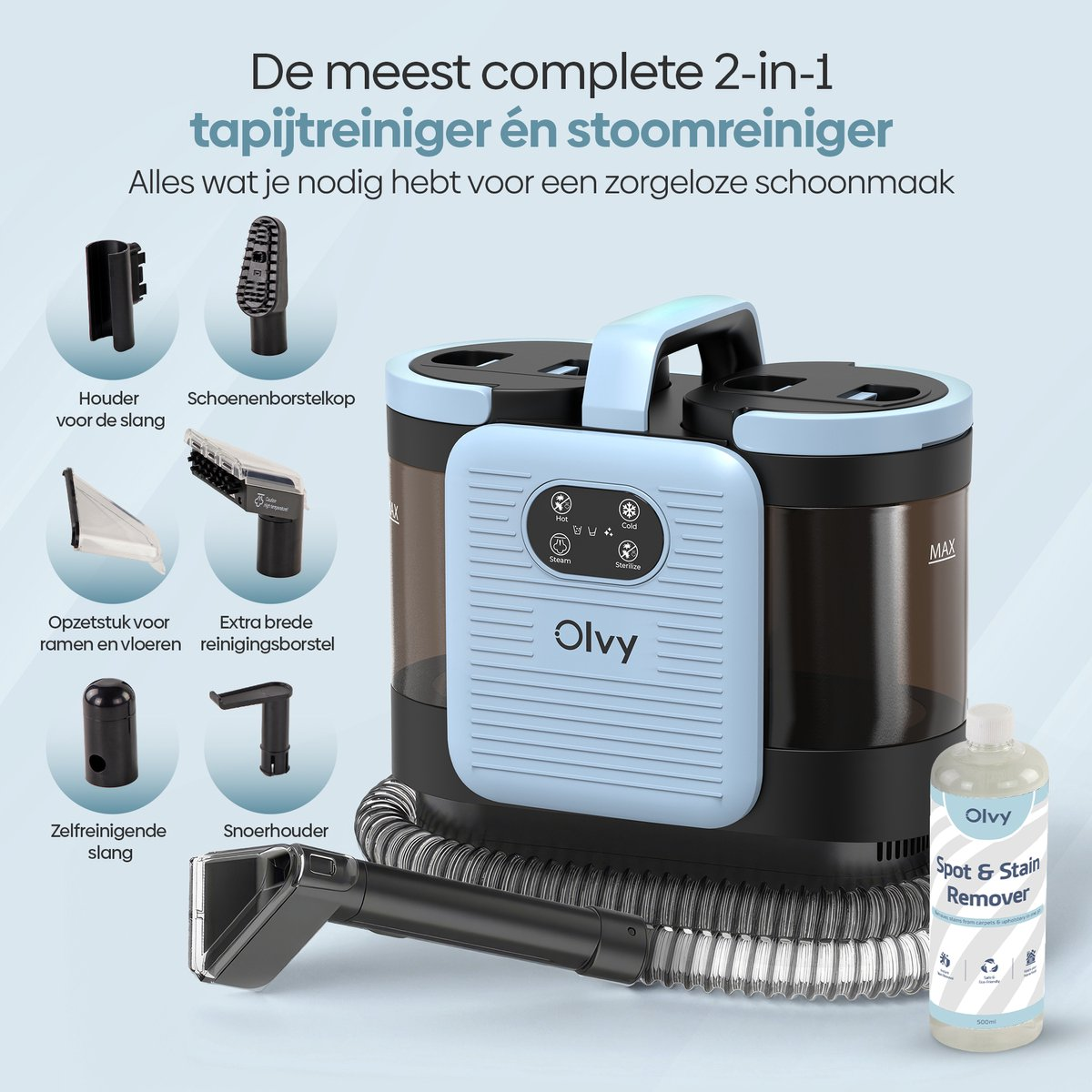 Een blauw-zwarte tapijt- en stoomreiniger met diverse accessoires en een fles reiniger.