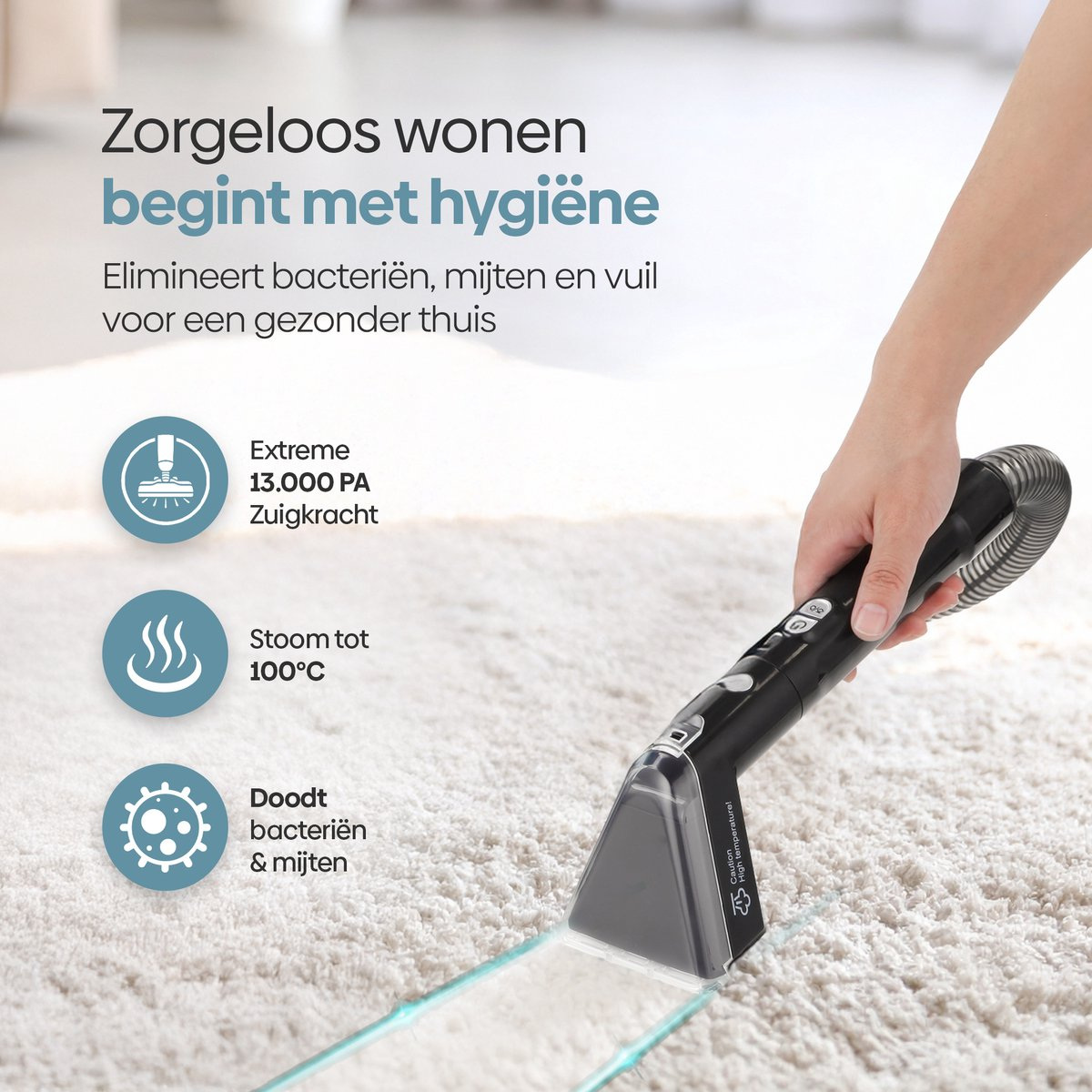 Hand houdt zwarte nat-/droogzuiger op licht tapijt, met tekst over hygiëne.