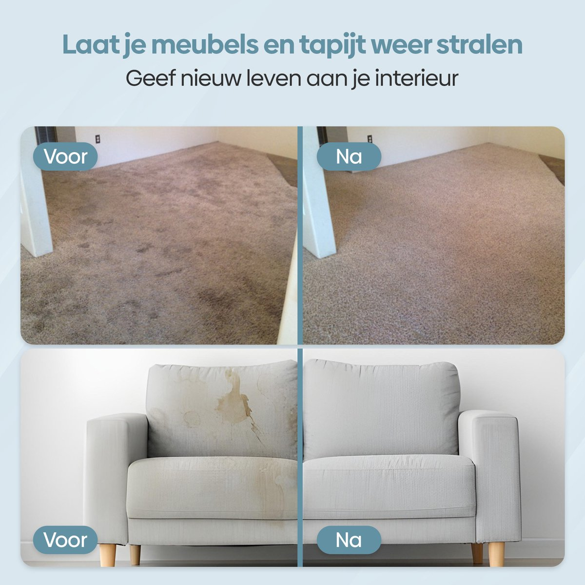Voor en na reiniging vergelijking tapijt en bank.