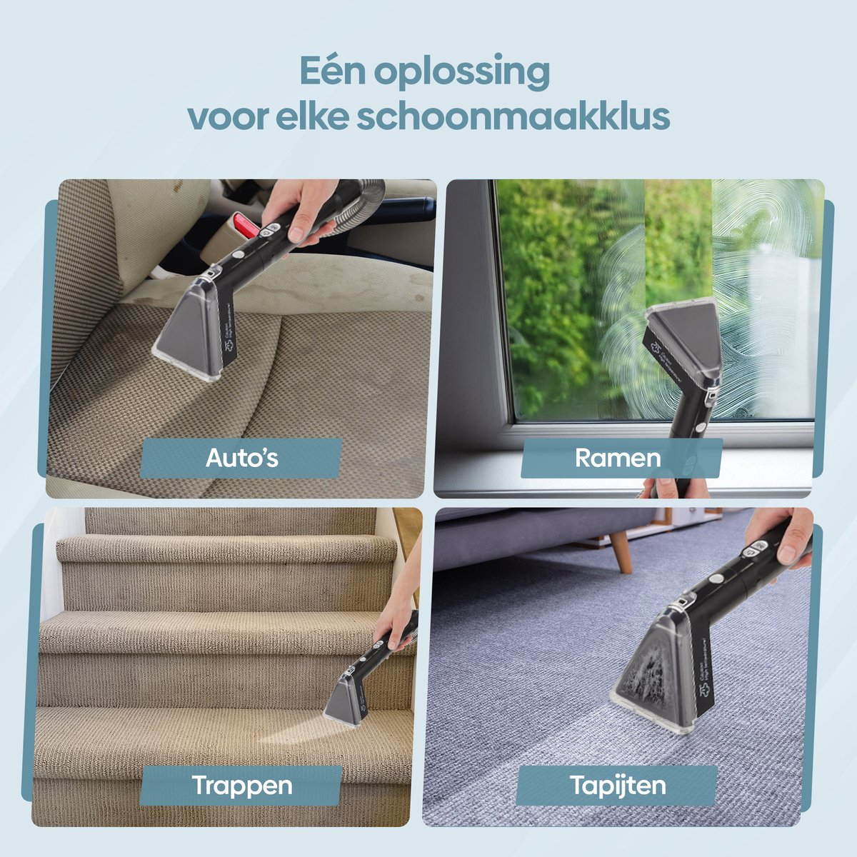 Vier beelden tonen reiniging: auto, raam, trap, tapijt.