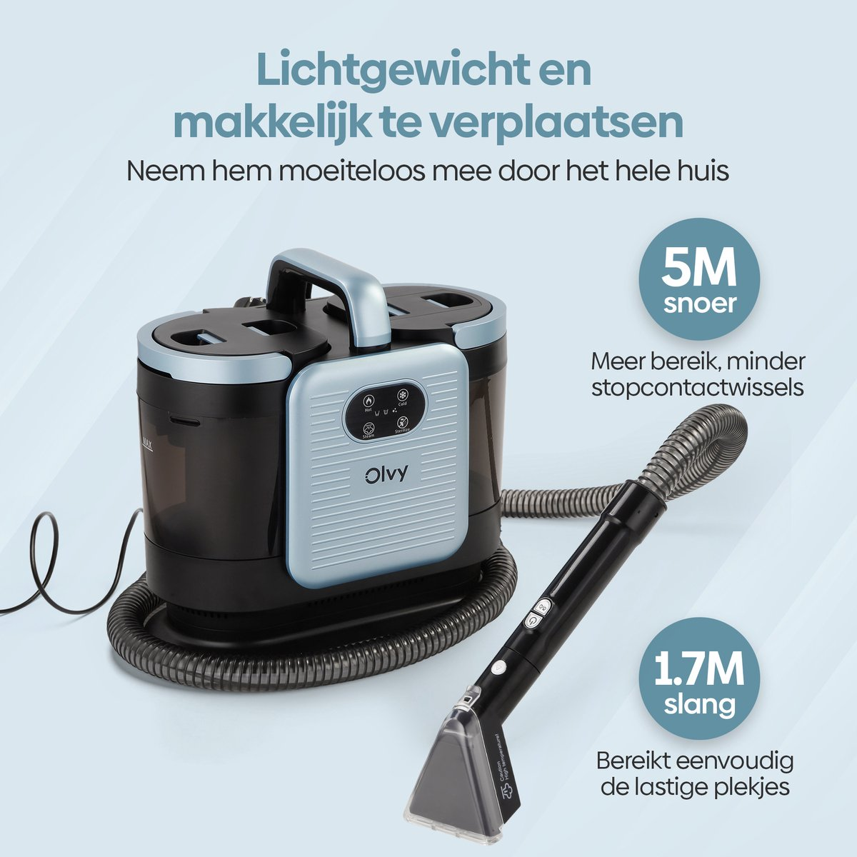 Een draagbare reiniger met 5m snoer en 1,7m slang.