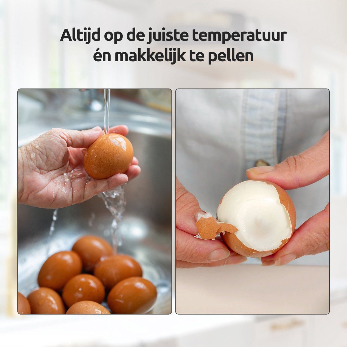 Eieren worden gespoeld en gepeld.