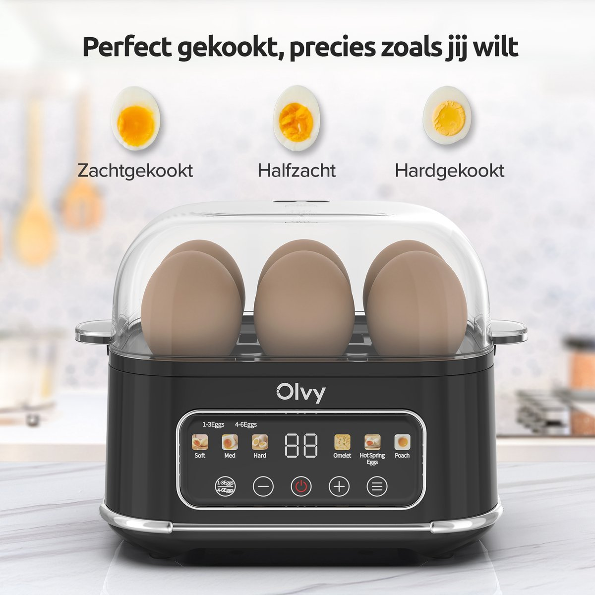 Een zwarte Olvy eierkoker met drie gekookte eieren en kookmodi.
