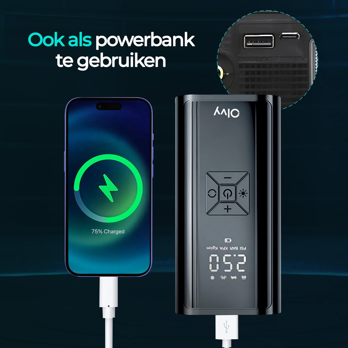 Een smartphone wordt opgeladen door een zwarte powerbank die ook fungeert als bandenpomp.