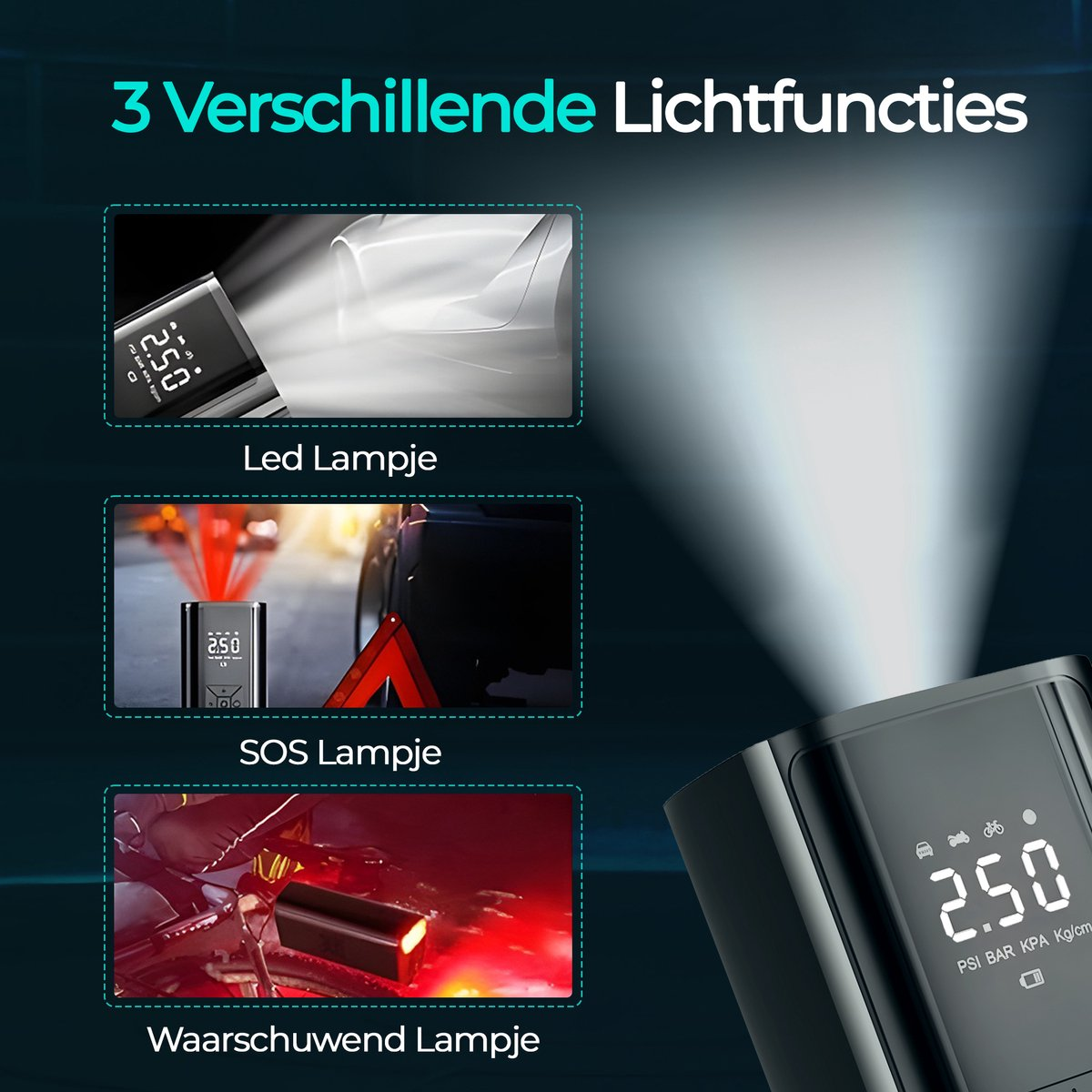 Draagbare compressor met drie lichtfuncties: LED, SOS en waarschuwing.