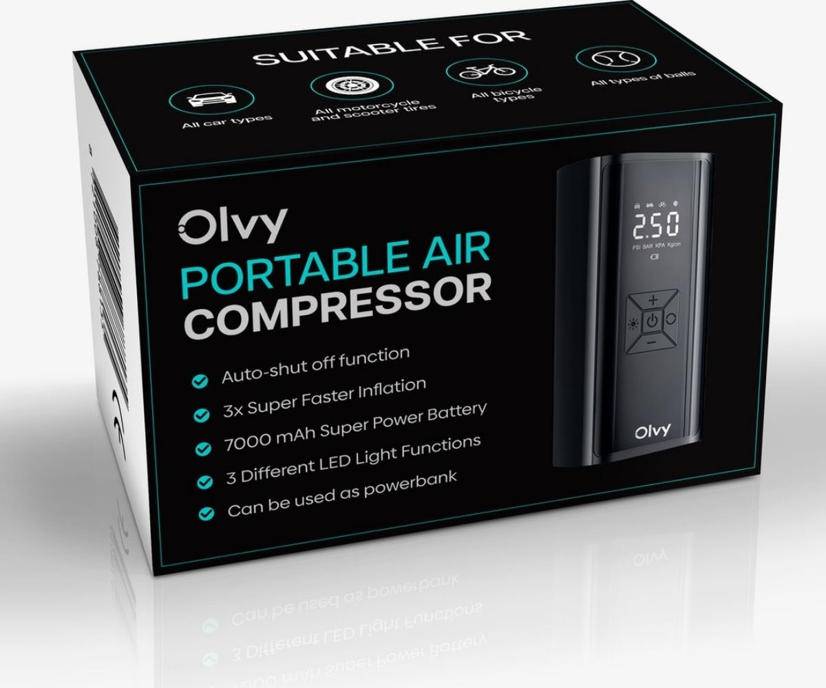 Olvy draagbare luchtcompressor doos. Kenmerken: automatische uitschakeling, snelle inflatie, batterij, LED-verlichting.