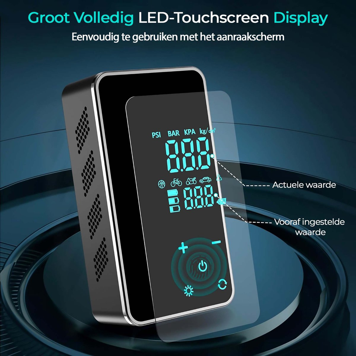 Een zwart LED-display toont bandenspanningswaarden en iconen voor fiets en auto.
