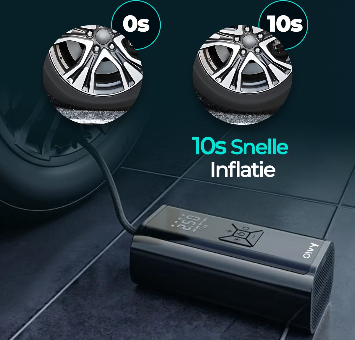 Zwarte draagbare compressor blaast autoband op, toont 0s en 10s.